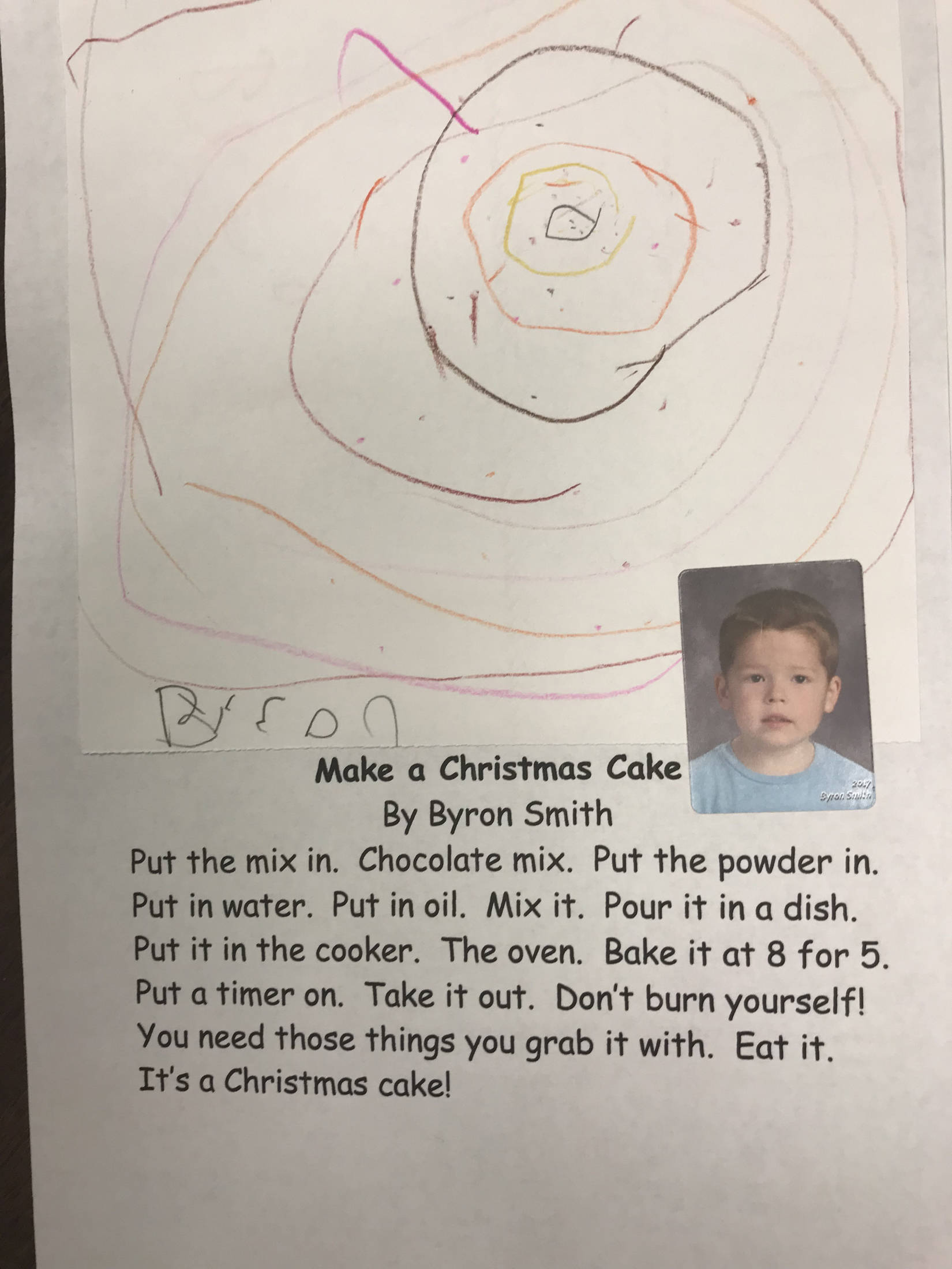 This holiday instruction made by Byron Smith is part of an 18-page “How to Get Ready for the Holidays” book created by the students of Jennifer Reinhart’s kindergarten class. (Photo courtesy Jennifer Reinhart)