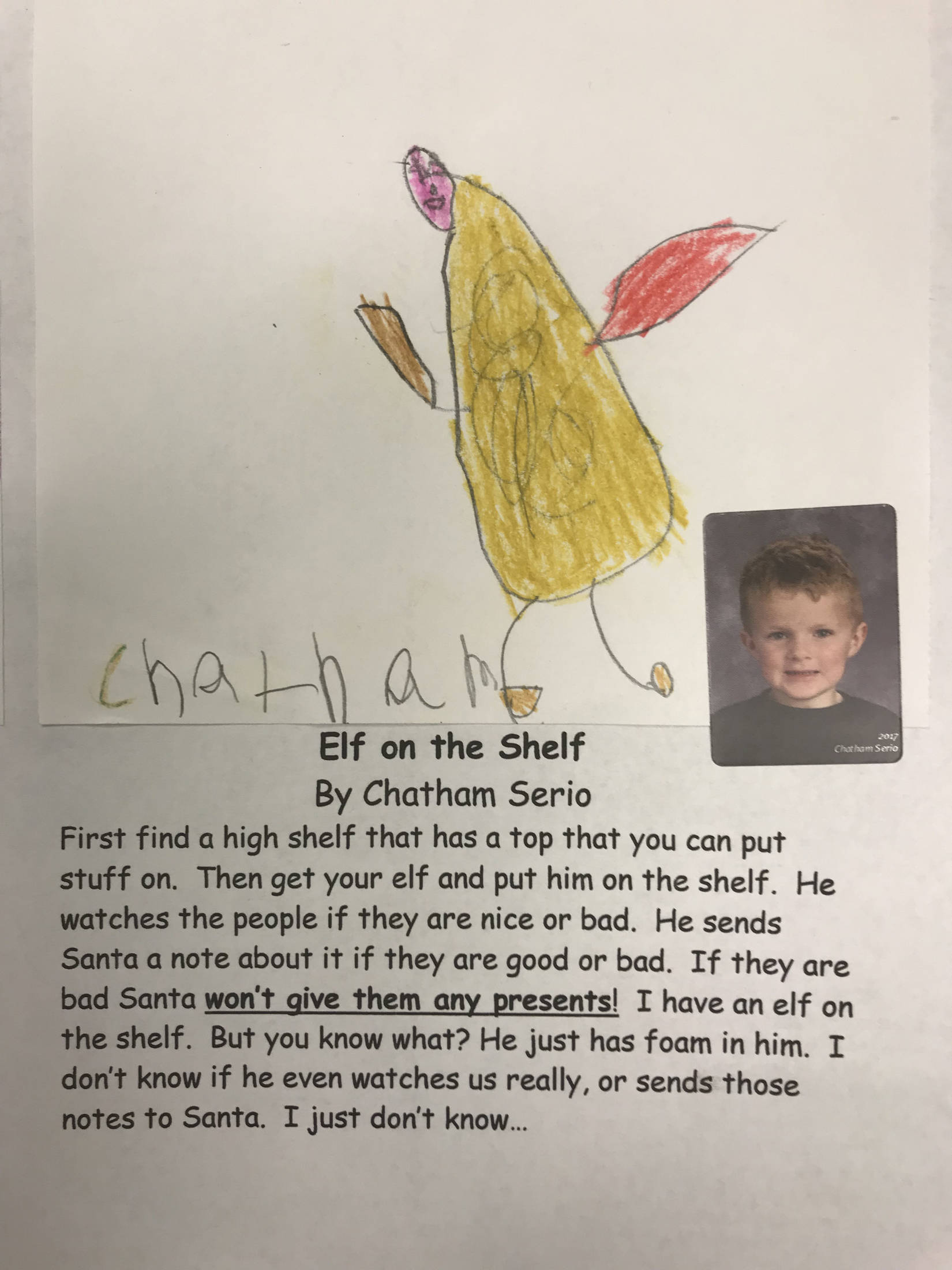 This holiday instruction made by Chatham Serio is part of an 18-page “How to Get Ready for the Holidays” book created by the students of Jennifer Reinhart’s kindergarten class. (Photo courtesy Jennifer Reinhart)