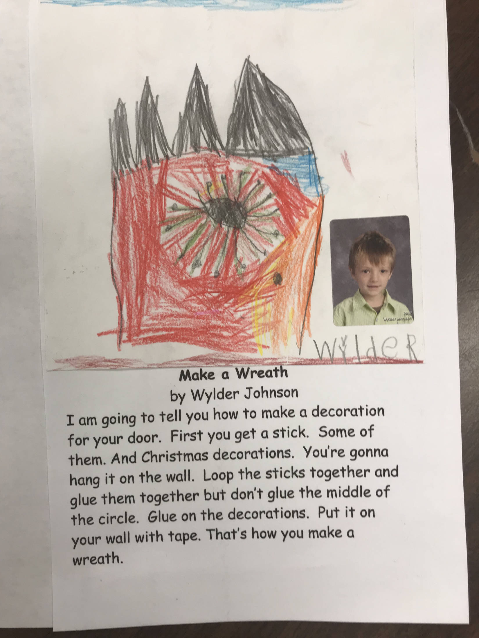 This holiday instruction made by Wylder Johnson is part of an 18-page “How to Get Ready for the Holidays” book created by the students of Jennifer Reinhart’s kindergarten class. (Photo courtesy Jennifer Reinhart)
