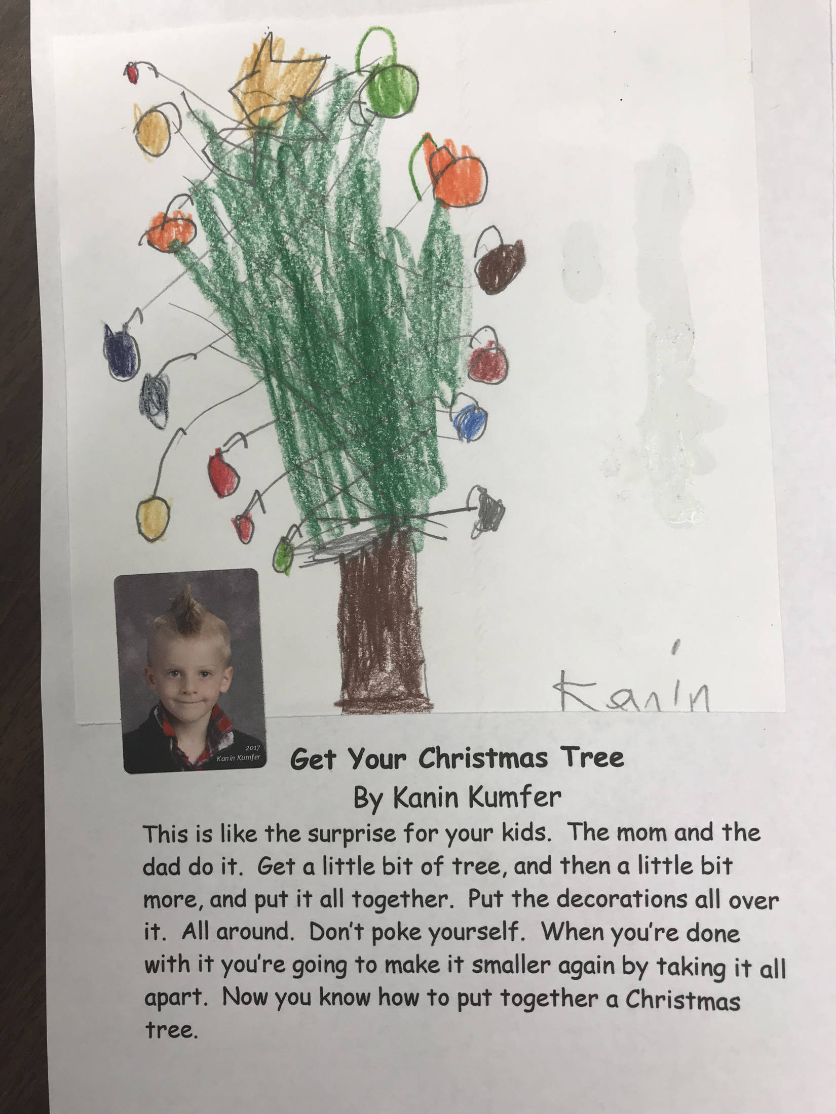 This holiday instruction made by Kanin Kumfer is part of an 18-page “How to Get Ready for the Holidays” book created by the students of Jennifer Reinhart’s kindergarten class. (Photo courtesy Jennifer Reinhart)
