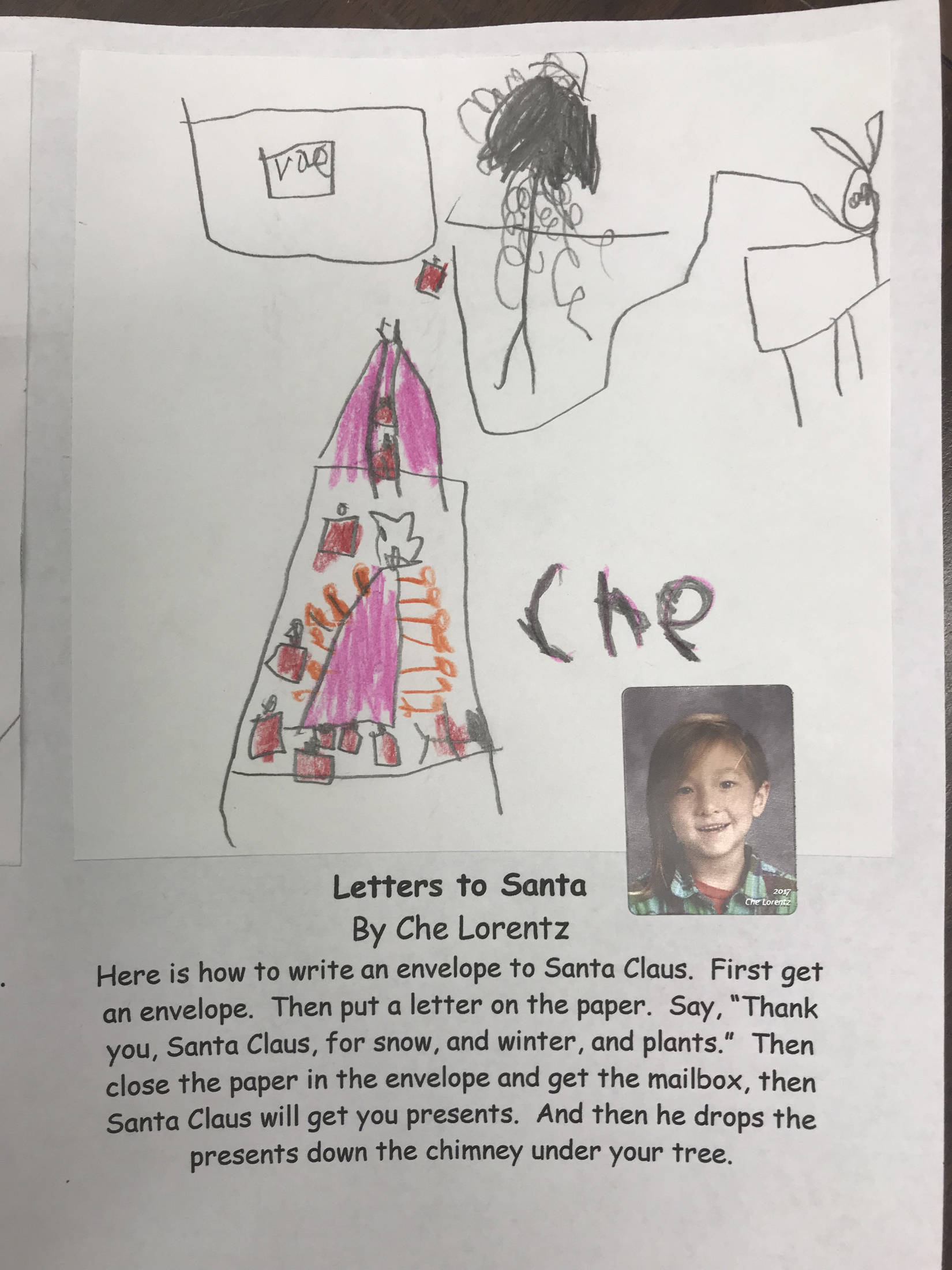 This holiday instruction made by Che Lorentz is part of an 18-page “How to Get Ready for the Holidays” book created by the students of Jennifer Reinhart’s kindergarten class. (Photo courtesy Jennifer Reinhart)