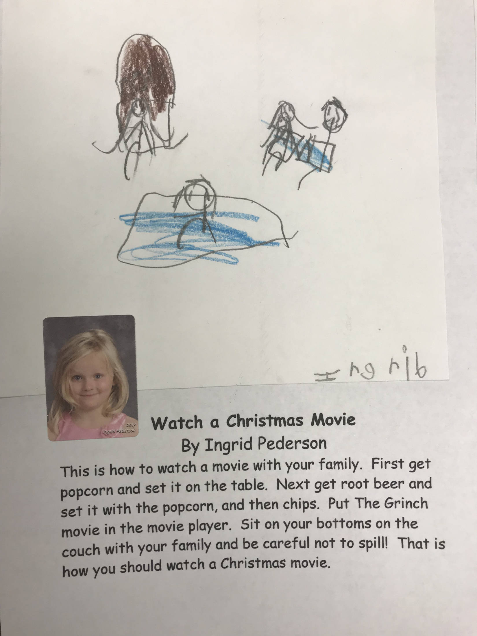 This holiday instruction made by Ingrid Pederson is part of an 18-page “How to Get Ready for the Holidays” book created by the students of Jennifer Reinhart’s kindergarten class. (Photo courtesy Jennifer Reinhart)