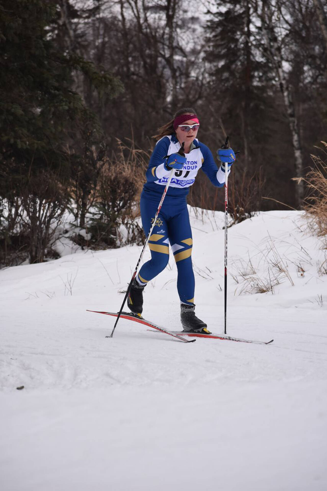 Katia Holmes skis during a two-day race from Jan. 12-13, 2018 at Government Peak in Hatcher Pass, Alaska. (Photo by Kate Baring)