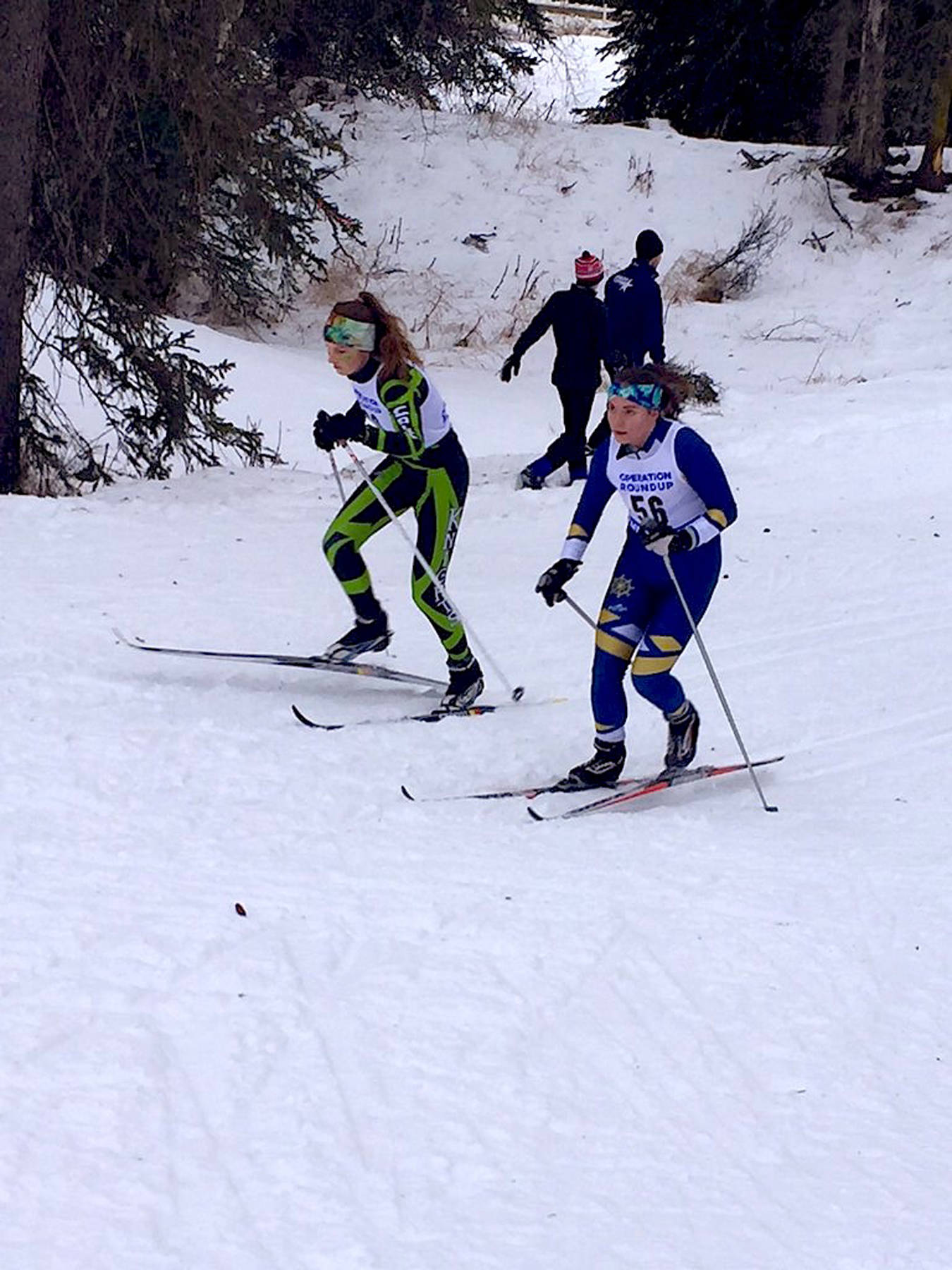Homer’s Katia Holmes vies for 5th place with Colony racer Sofija Spaic during a two-day race event Jan. 12-13, 2018 at Government Peak in Hatcher Pass, Alaska. (Photo by Libby Fabich)