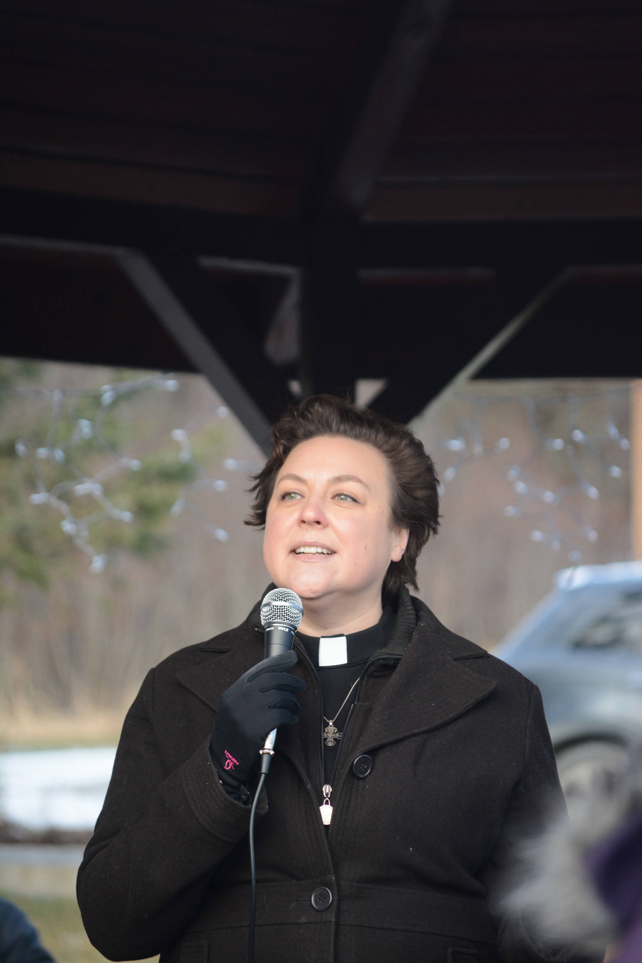 Pastor Lisa Talbott of Homer United Methodist Church speaks at the Homer March for Women on Saturday. Talbott held up a sign that read “#MeToo” and spoke about her experiences with sexual harassment and how she overcame them. “Nevertheless, she persisted,” Talbott said. “My life story is a story of persistence. Just like you I had a life story.” Talbott said she believes in the abundant life promised by Jesus Christ. “The abundant life is not about fighting. It’s about thriving,” she said. About 700 people walked in the march along Pioneer Avenue on Jan. 20, 2018, in Homer, Alaska. The line of marchers extended from Main Street to Kachemak Way. (Photo by Michael Armstrong/Homer News)