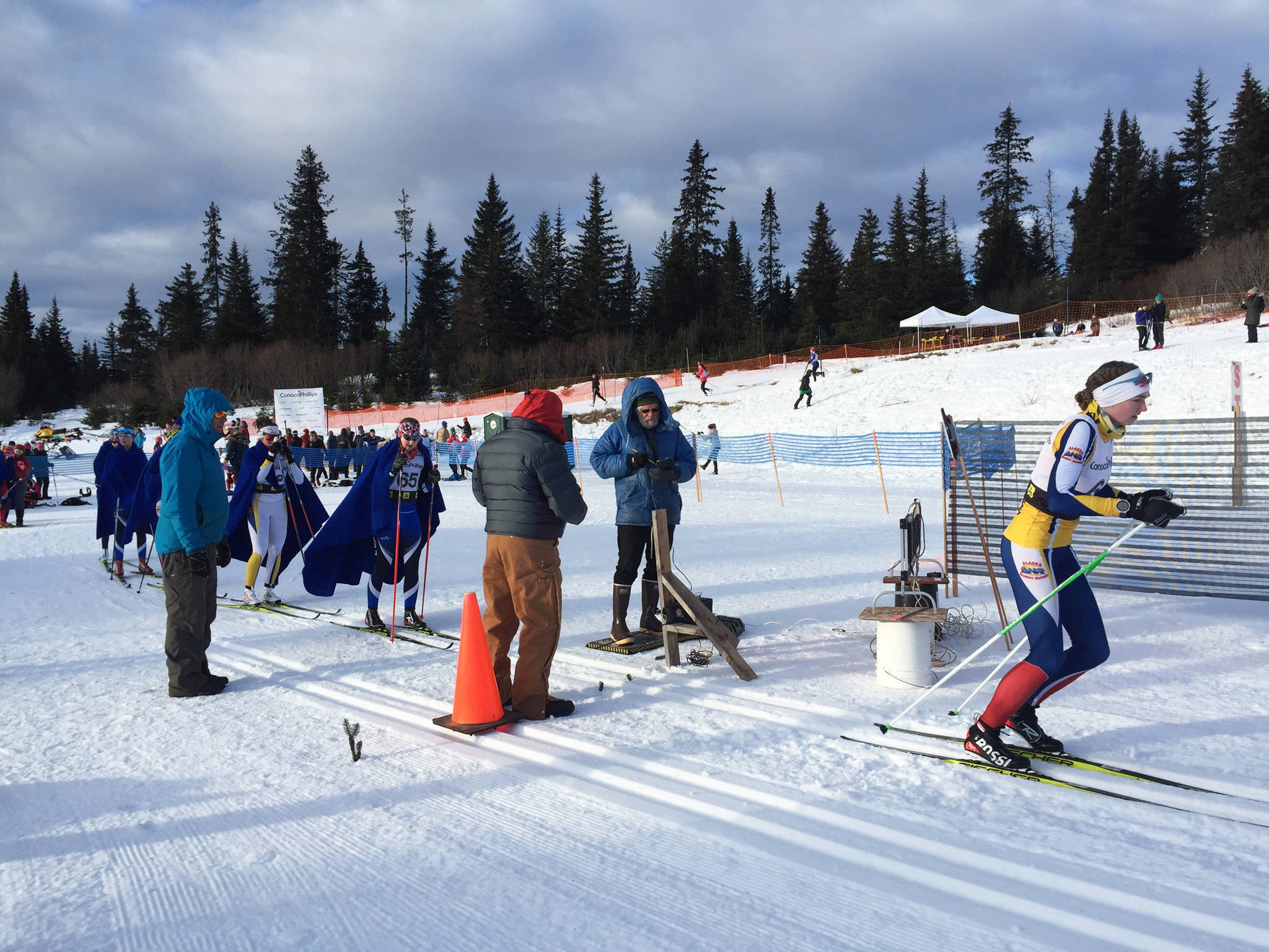 Skiers line up and take off one by one at the fourth race of the Besh Cup series Sunday, Jan. 21, 2018 at the Lookout Mountain Trails near Homer, Alaska.