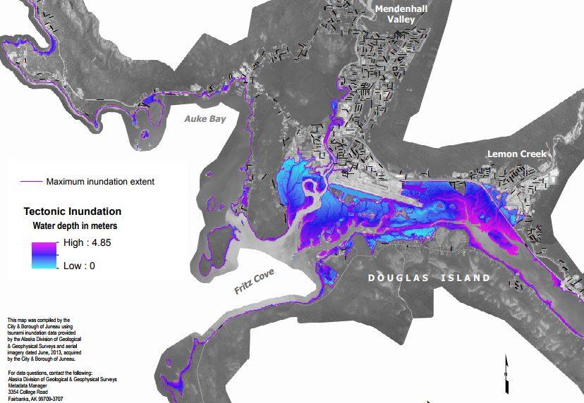 Courtesy of City and Borough of Juneau This map, compiled by the City and Borough of Juneau, illustrates the maximum water depth that would be caused by an offshore, tectonic tsunami.