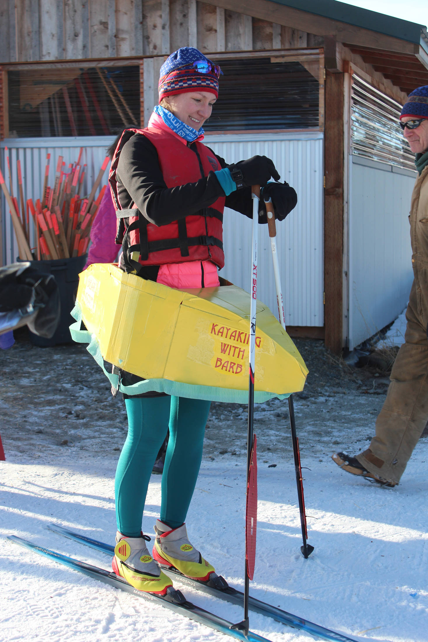 Alina Rykaczewski prepares for the 2018 Homer Ski for Women in her kayak costume Sunday, Feb. 4, 2018 at the Lookout Mountain Ski Trials. Her costume was dedicated to the late Barb Hrenchir, an avid local skier and kayaker. (Photo by Megan Pacer/Homer News)