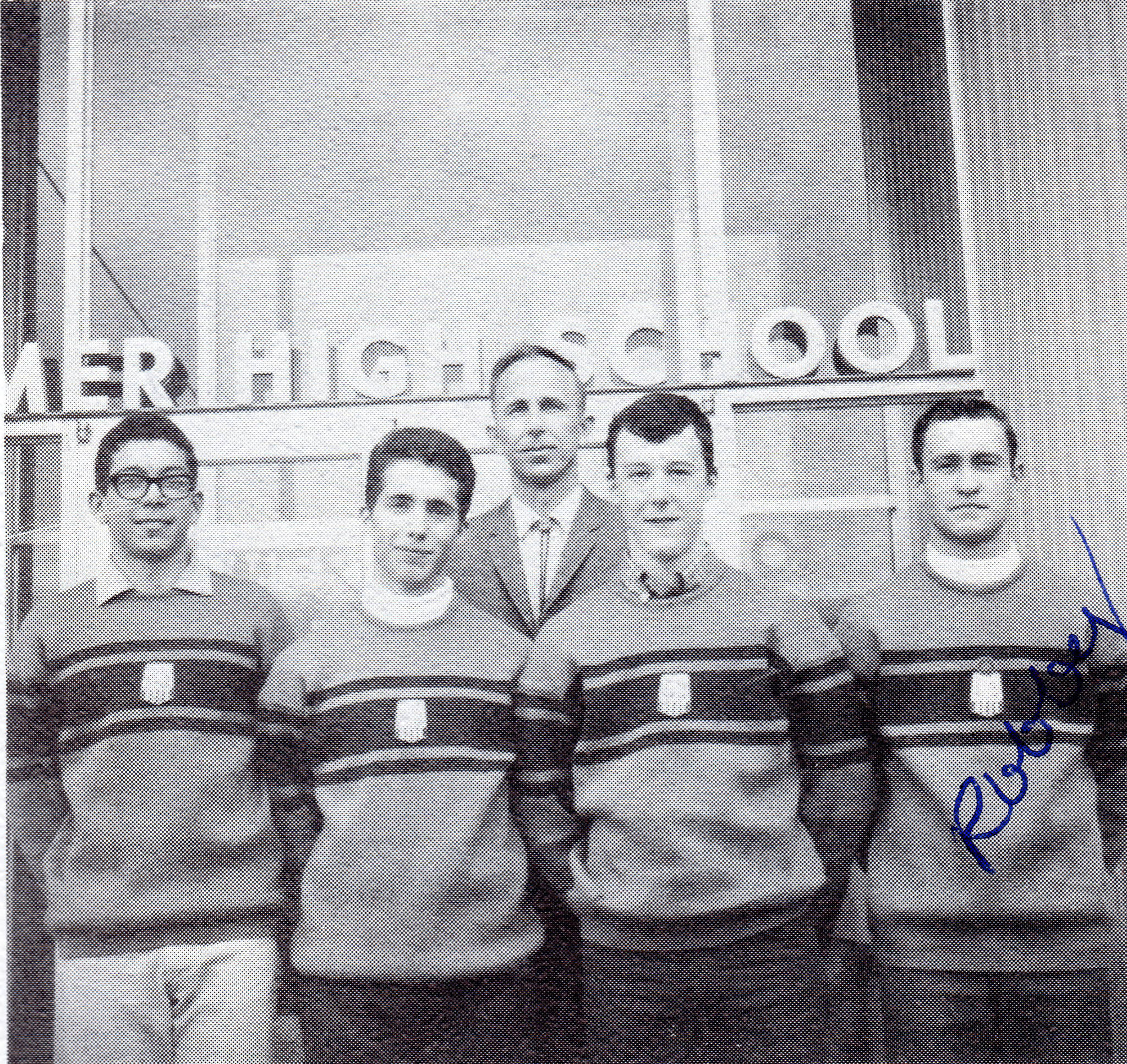 The 1968 Homer High School Mariner Boys Ski Team poses for a photo in 1968 in front of the old high school, now the Homer Education and Recreationa Complex. From let to right are Lynn Cason, Larry Martin, Coach David Schroer, Drew Nixon and Robby Hoedel. (Photo provided by Larry Martin)