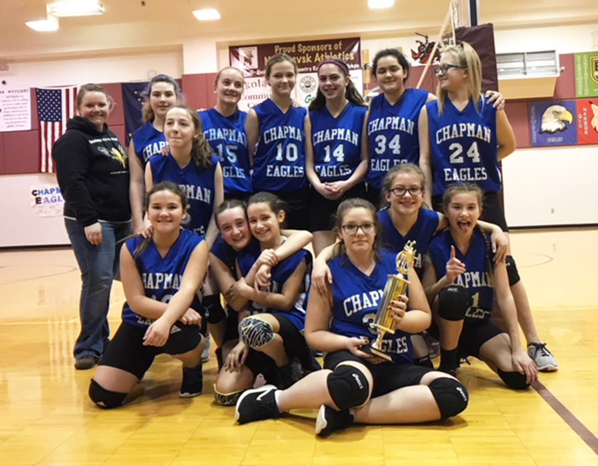The Chapman School volleyball team poses with their trophy after winning a small schools tournament over the weekend. Back row, left to right: Kaasha Bice, Anna Neland, Haylee Overson, Sophie Ellison, Taylor Tressler, Auden Cress, Isabella Jansen. Front row, left to right: Harley Boone, Riley Drake, Ariana Davis, Emma Gordon, Nikole Drake, Dani Stiles. Not pictured: Dani Burge (Photo submitted)