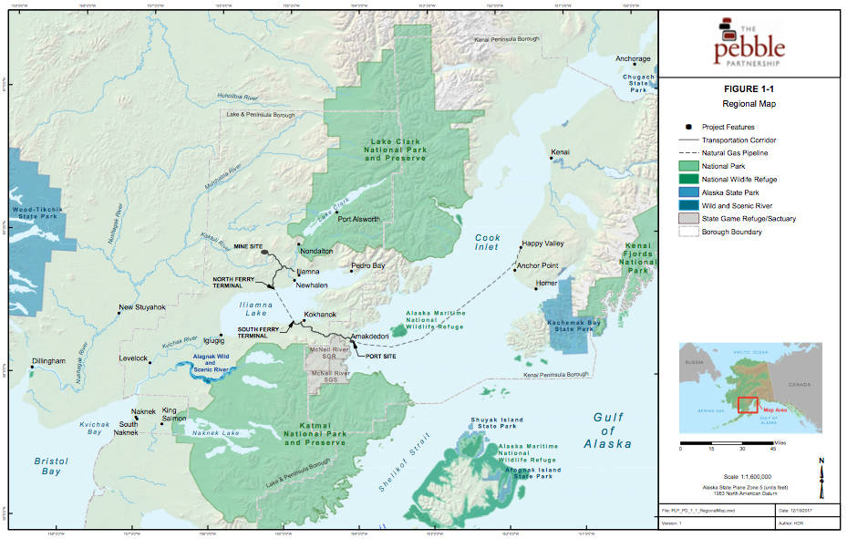 This map of lower Cook Inlet shows the proposed Pebble Mine and associated infrastructure (Map by Pebble Limiter Partnership via Cook Inletkeeper)