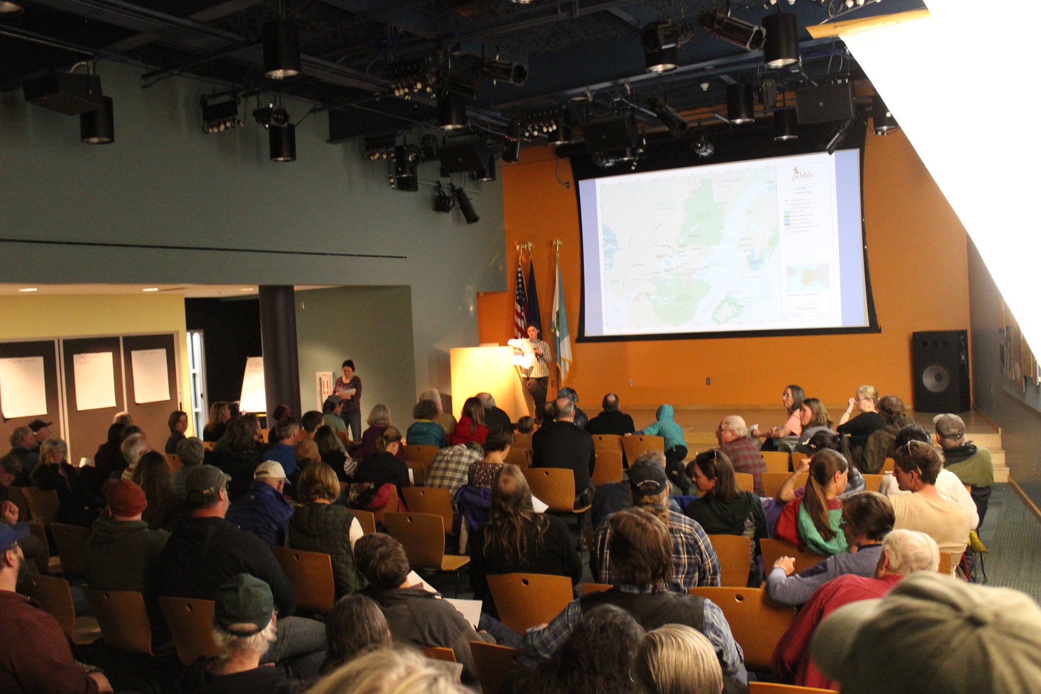 An update on the Pebble mine project presented by Cook Inletkeeper on Friday and a plea for the public’s involvement drew a crowd that filled Alaska Islands and Ocean Visitor Center’s auditorium. Those arriving late found themselves unable to get in. (Photo by McKibben Jackinsky)
