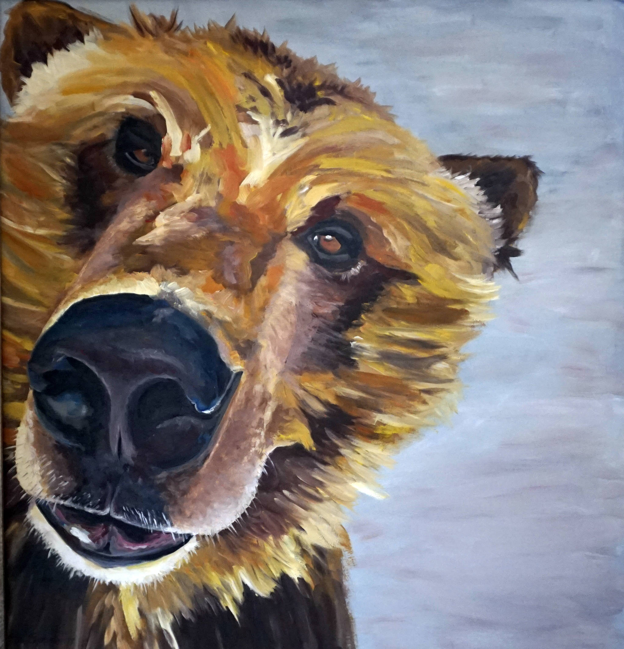 “Bear Puppy,” one of Britni Siekaniec’s paintings in her show, “Salt,” at Grace Ridge Brewery. The show opened April 6, 2018, in Homer, Alaska. (Photo by Michael Armstrong, Homer News)