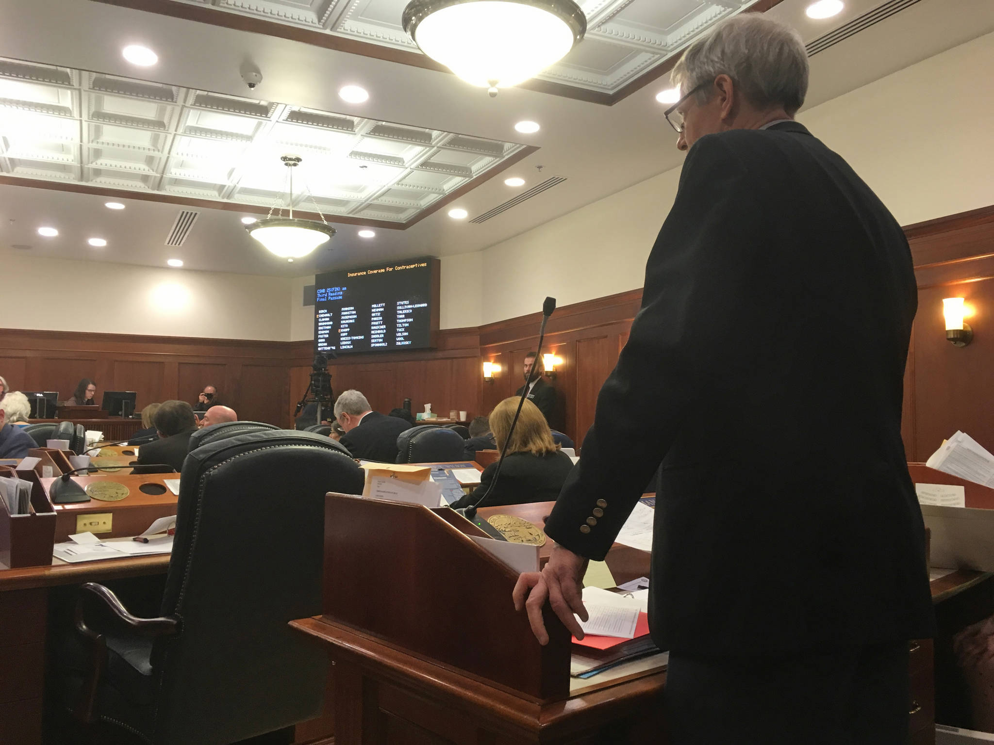 Rep. Matt Claman, D-Anchorage, discusses House Bill 25 on Monday, April 9, 2018 on the floor of the Alaska House of Representatives. (James Brooks