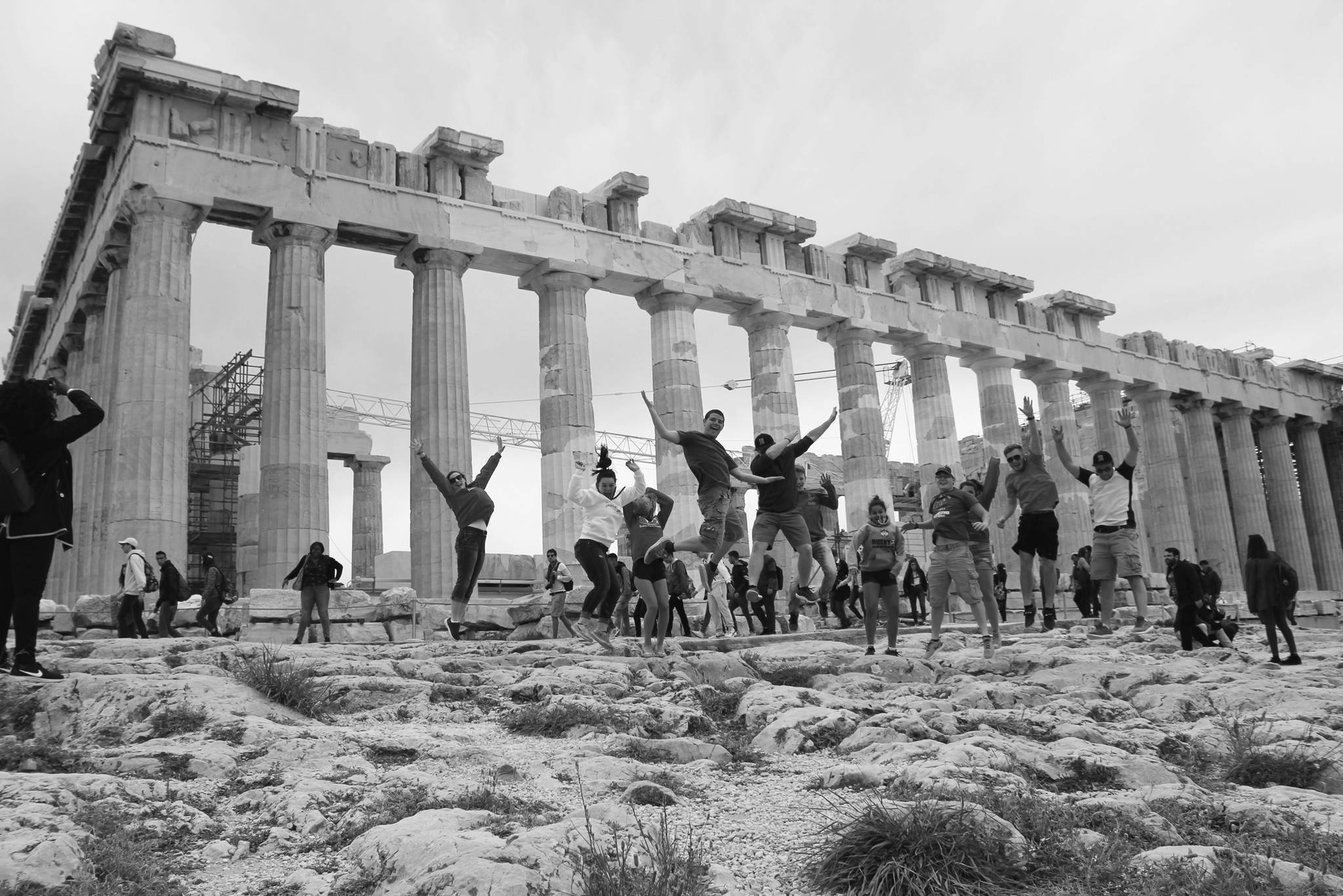 Photo provided Students from Michigan and Homer jump for joy during their recent trip to Greece in April.