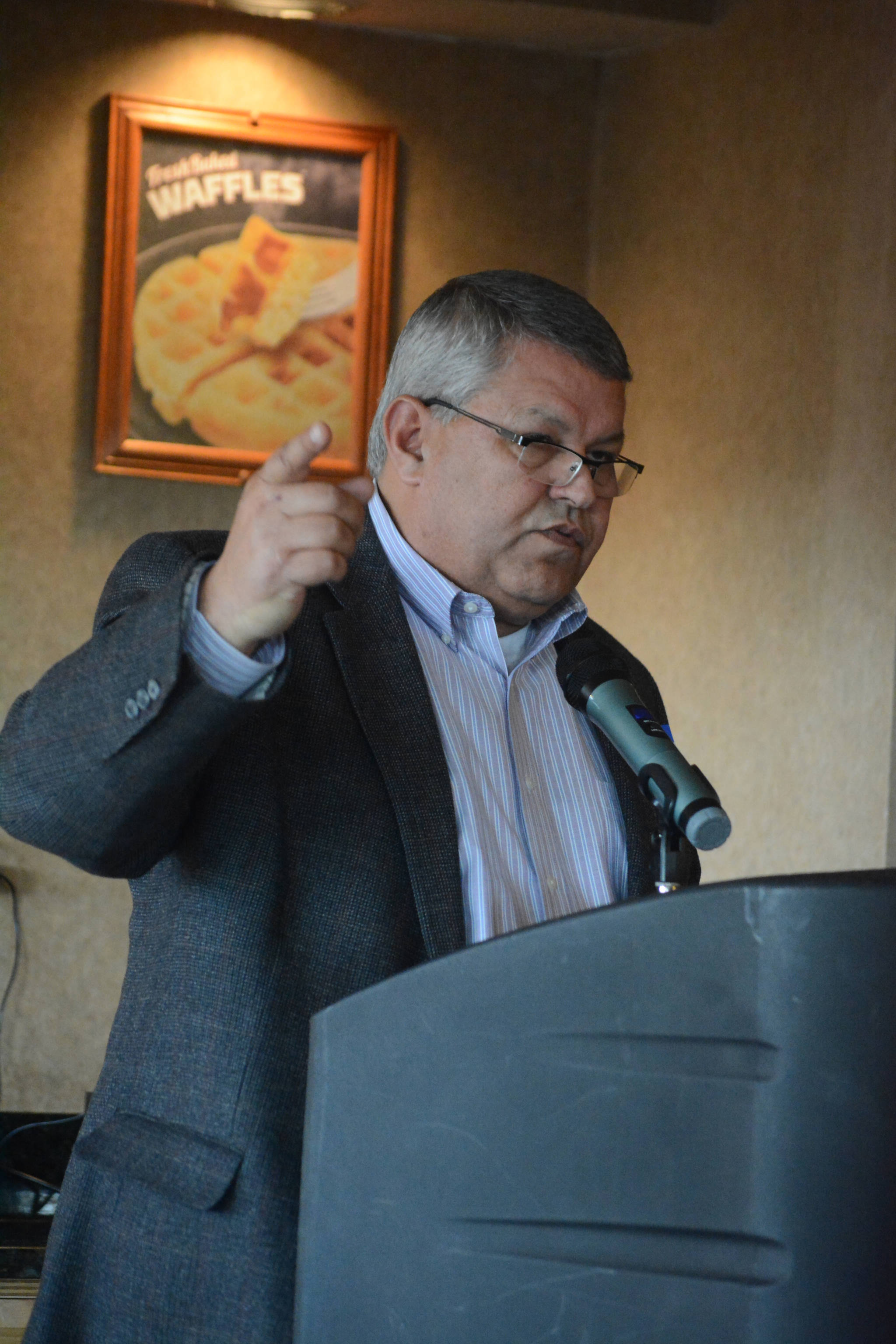 Kenai Peninsula Borough Mayor Charlie Pierce speaks at the Homer Chamber of Commerce and Visitor Center’s luncheon on Tuesday, May 8, 2018, at the Best Western Bidarka Inn in Homer, Alaska. (Photo by Michael Armstrong/Homer News)