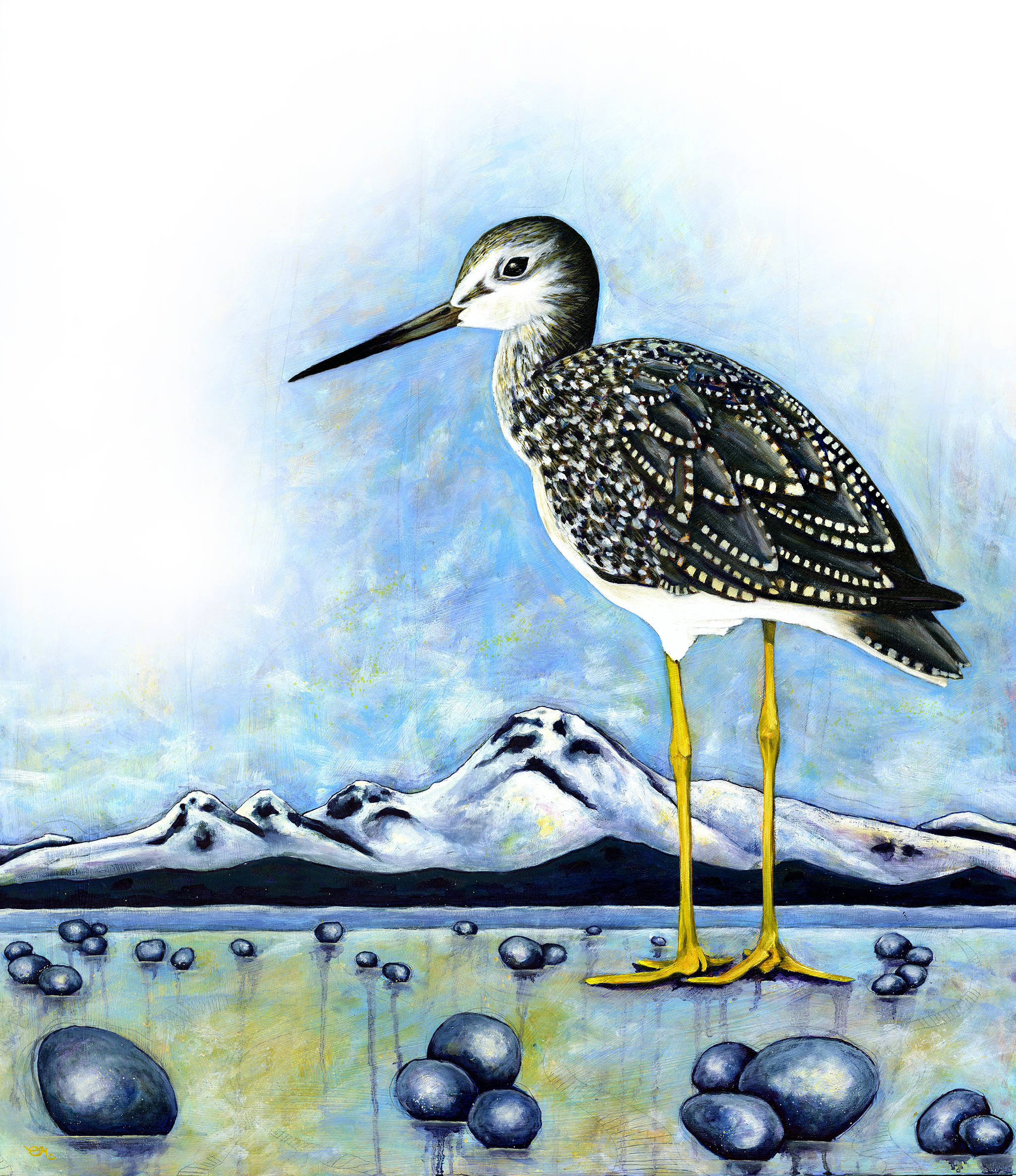 Erin Rae D’Eimon’s painting for the 26th annual Kachemak Bay Shorebird Festival features a greater yellowlegs towering over Iliamna Volcano. (Photo provided)