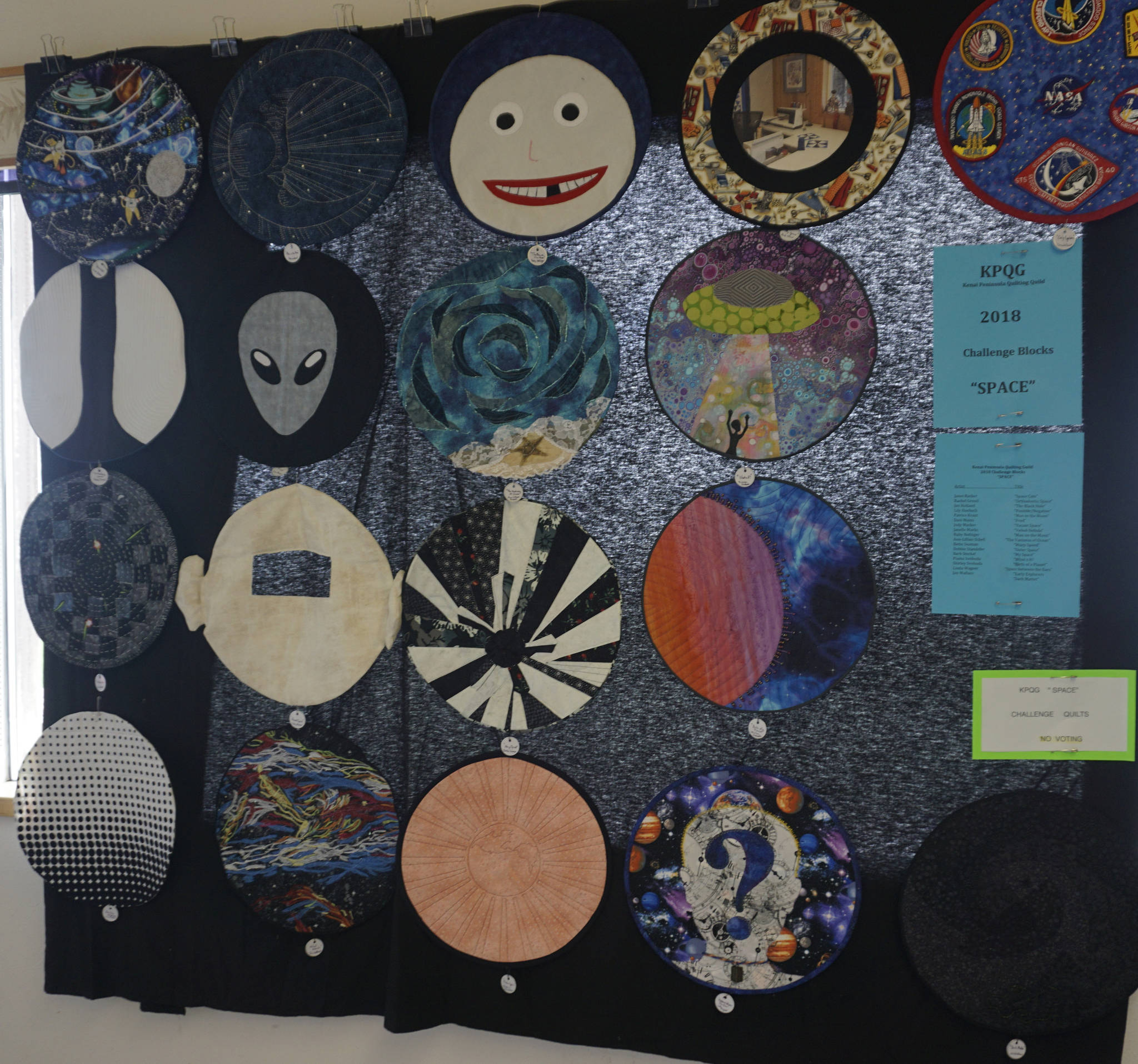 The Kachemak Bay Quilt Show include challenge quilt blocks on the theme of “Space.” The quilt show was held last weekend at the Homer Elks Lodge. (Photo by Michael Armstrong / Homer News)