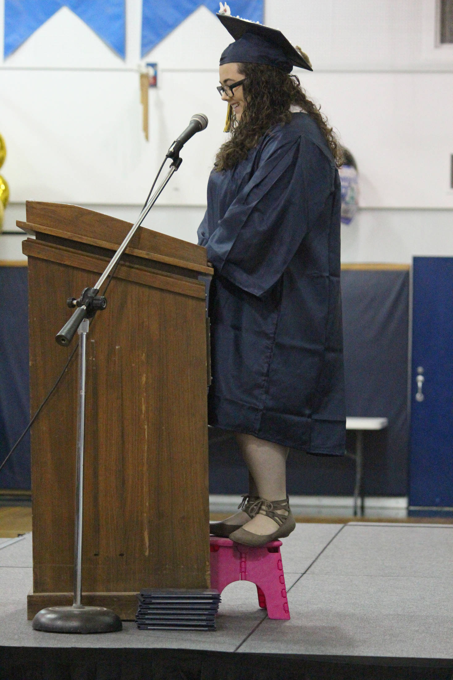 Ninilchik School salutatorian Chelsea Oberle-Lozano gives her salutatorian address during her class’s ceremony Monday, May 21, 2018 at the school in Ninilchik, Alaska. (Photo by Megan Pacer/Homer News)
