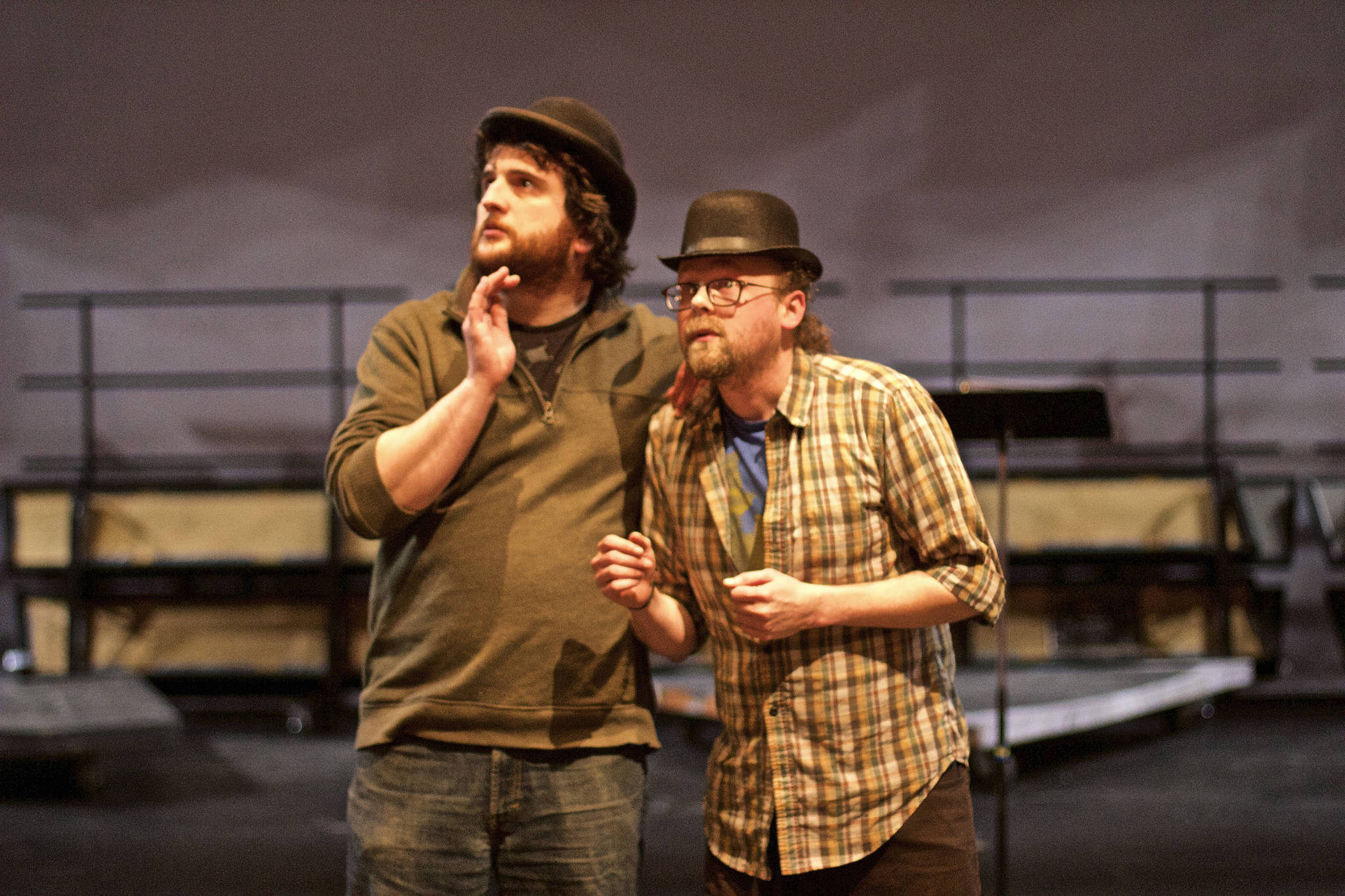 Photo by Richard Rose Peter Sheppard, left, and Matt Lees, right practice a scene from Samuel Beckett’s “Waiting for Godot.” Sheppard directs the play, opening at 7 p.m. Friday, May 25, for the start of Pier One Theatre’s 2018 season.