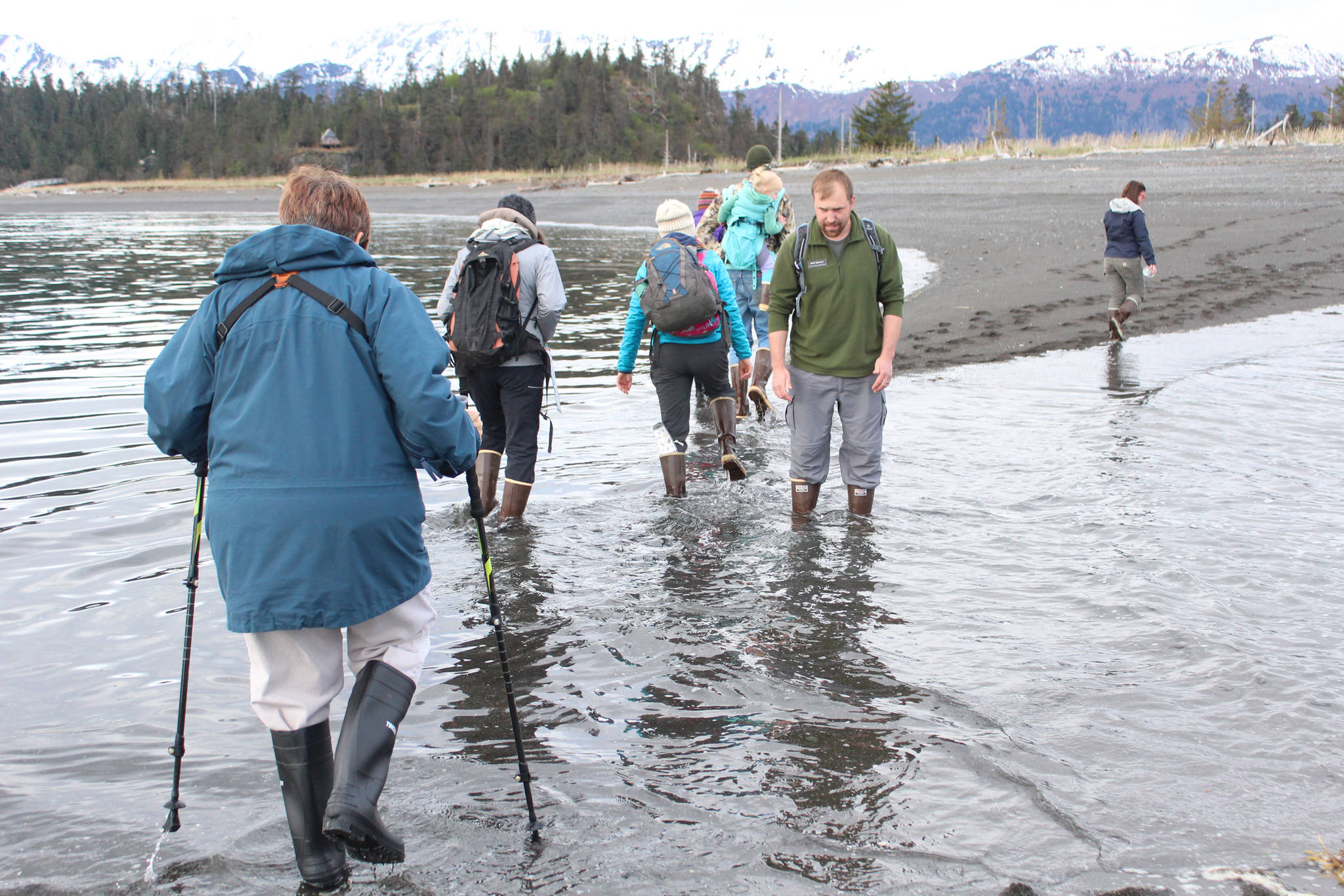 Photo by Megan Pacer/Homer News Seth Spencer, the education programs coordinator for Center for Alaskan Coastal Studies, guides visitors across an incoming tide as the walk from Otter Island to the main beach at Peterson Bay during a preview tour Thursday, May 24 near Homer.