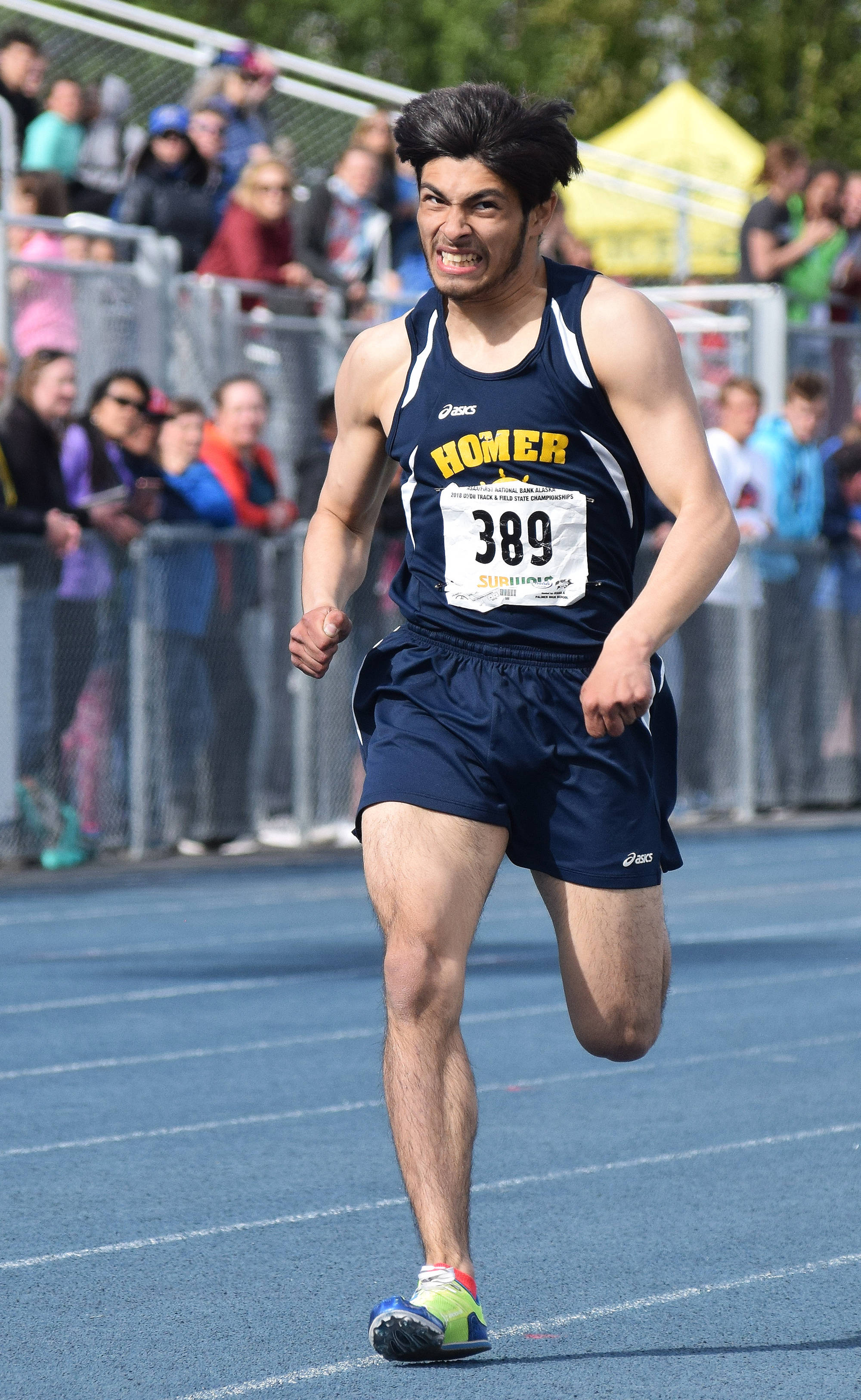 Photo by Joey Klecka/Peninsula Clarion Homer’s Luciano Fasulo sprints to the finish of the Division II boys 800-meter race Saturday, May 26 at the Alaska Track and Field state championship meet at Palmer High School.