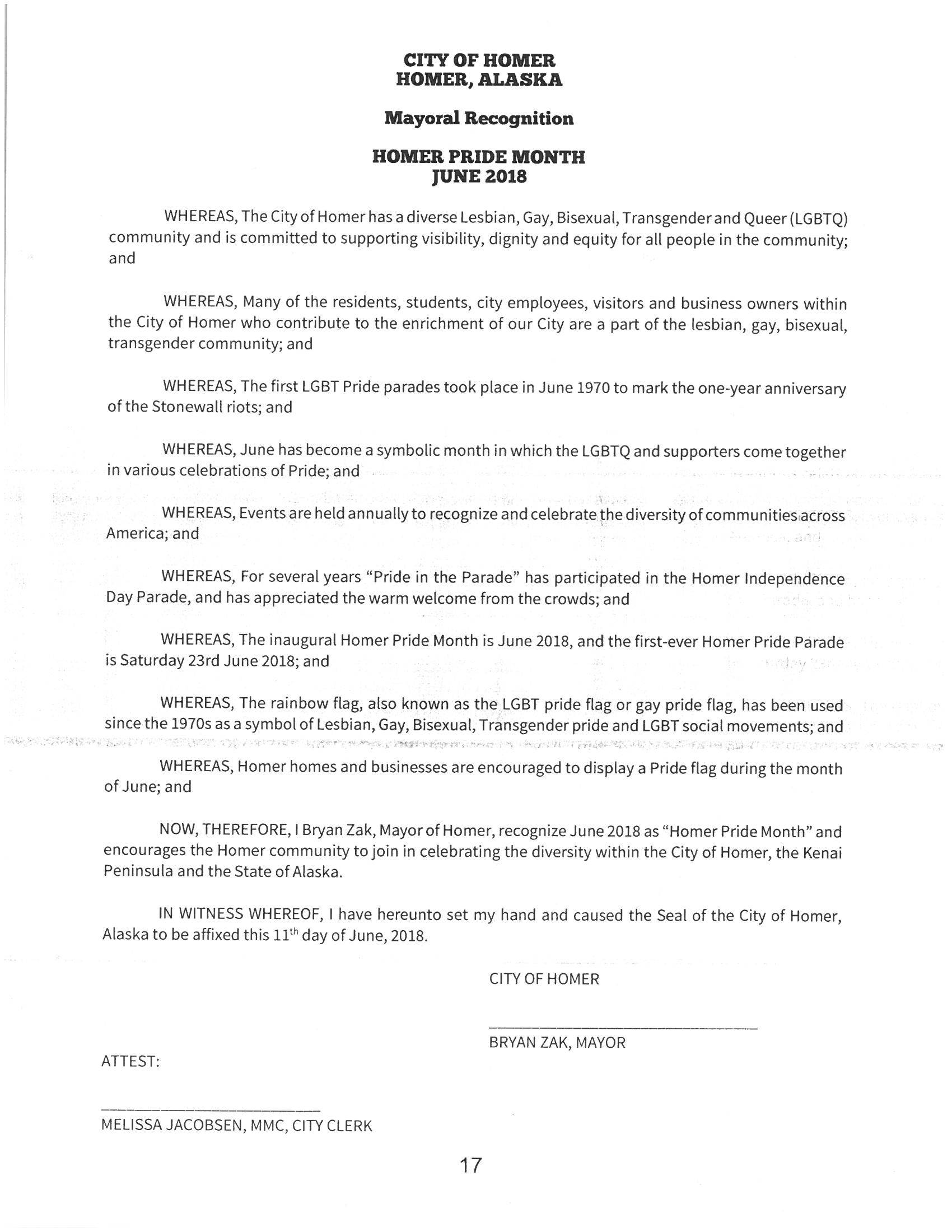 Homer Mayor Bryan Zak's proposed Mayoral Recognition of Homer Pride Month 2018 as it appeared in the council packet of June 11, 2018. Zak edited this version further to delete the references to the Kenai Peninsula and the State of Alaska and that is the version he read at an unofficial presentation on Monday. (Photo provided)