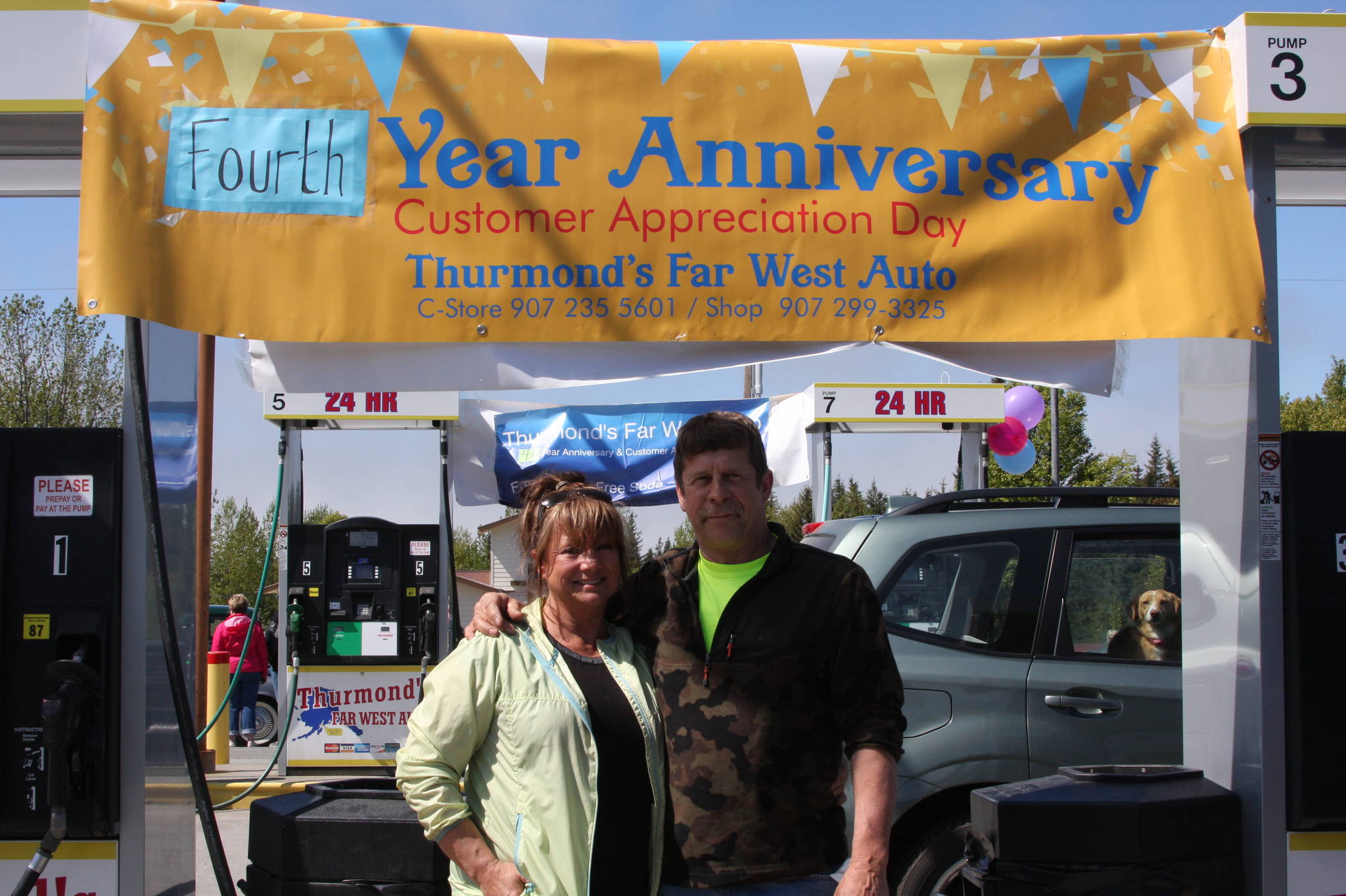 Photo by Delcenia Cosman Owner Elaine Griner and her husband Dale celebrate Thurmond’s Far West Auto’s fourth anniversary and Customer Appreciation Day on Saturday, June 9 in Anchor Point.