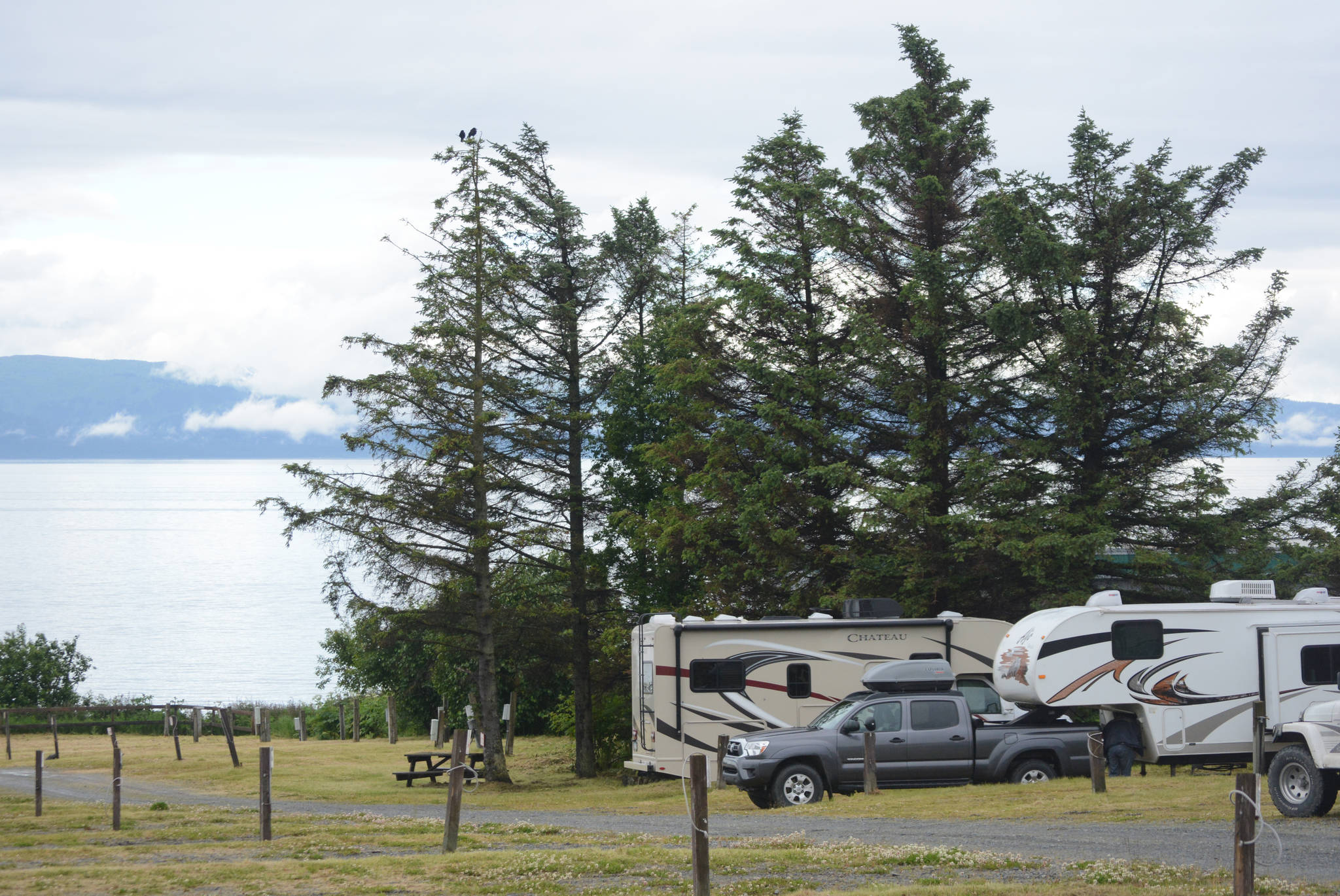 Motorhomes and trailers are parked on June 29, 2018, at the Ocean Shores RV Park on the Sterling Highway, Homer, Alaska. The longtime campground formerly known as Ocean View RV Park reopened last month under its new owner, Michael Warburton, who also owns Ocean Shores Motel next door. (Photo by Michael Armstrong/Homer News)