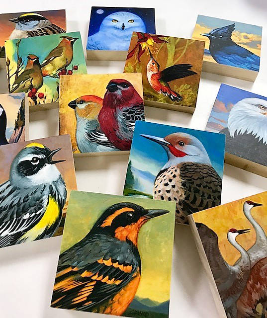 A selection of Francois Girard’s “Bird Blocks,” on display at Art Shop Gallery. (Photo provided)