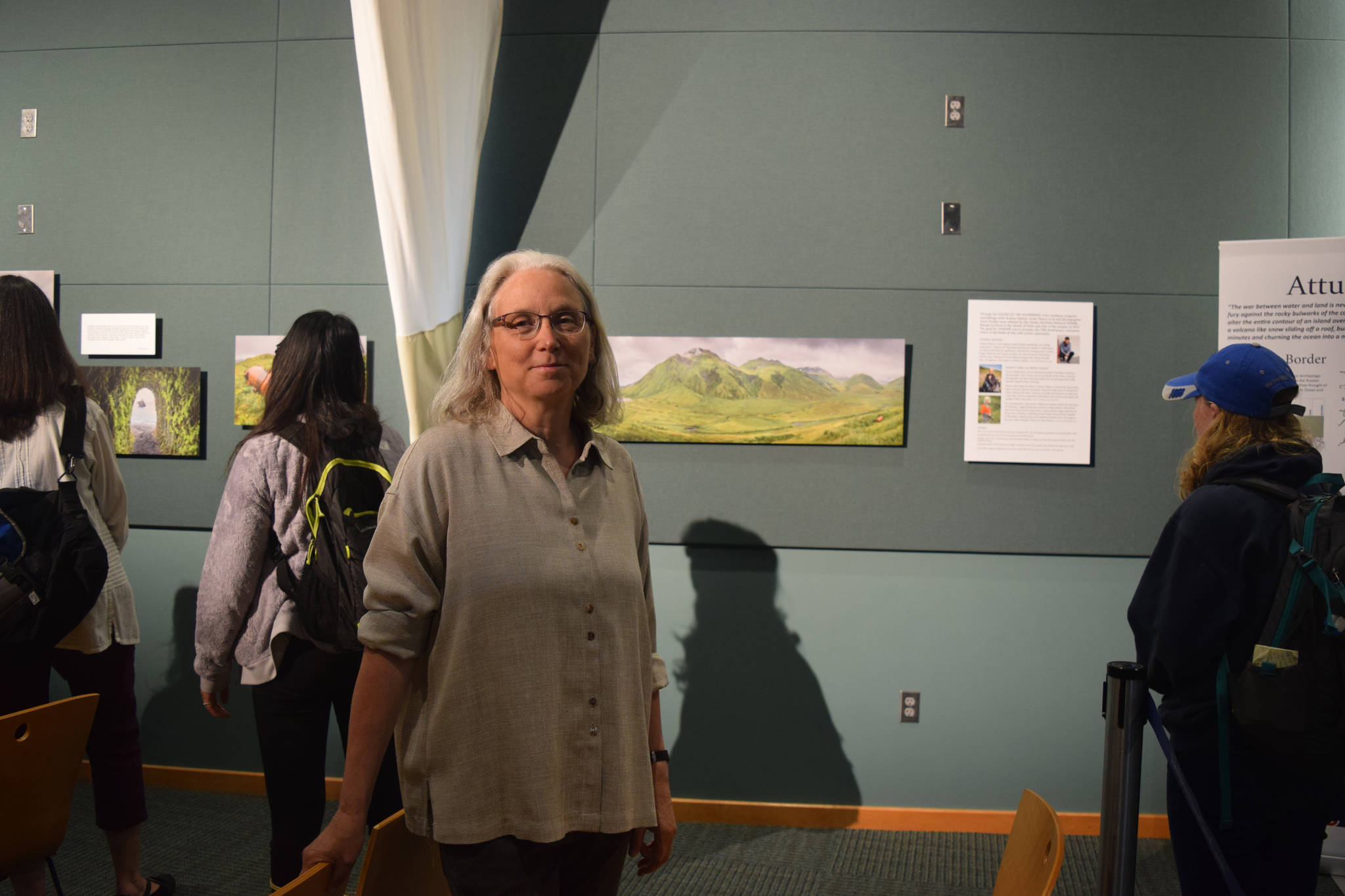 Nancy Lord at the Reflections of Attu art show on Friday, July 6, 2018 at Islands and Oceans Visitor Center in Homer, Alaska. (Photo by Jennifer Tarnacki)