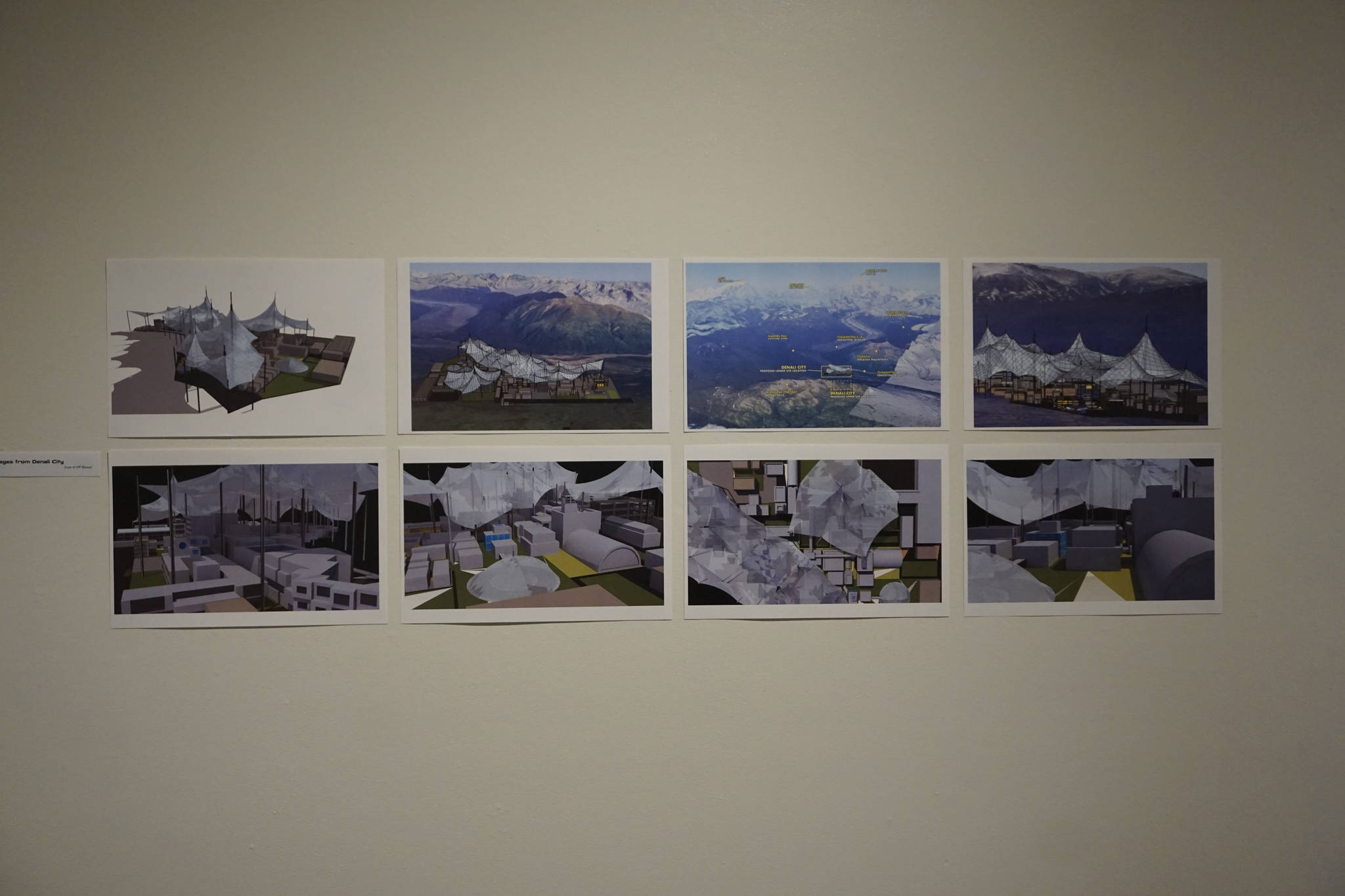 Illustrations of three domed cities from the “Dirigibles of Denali” show at the Pratt Museum at the July 6, 2018 First Friday opening in Homer, Alaska. (Photo by Michael Armstrong/Homer News)