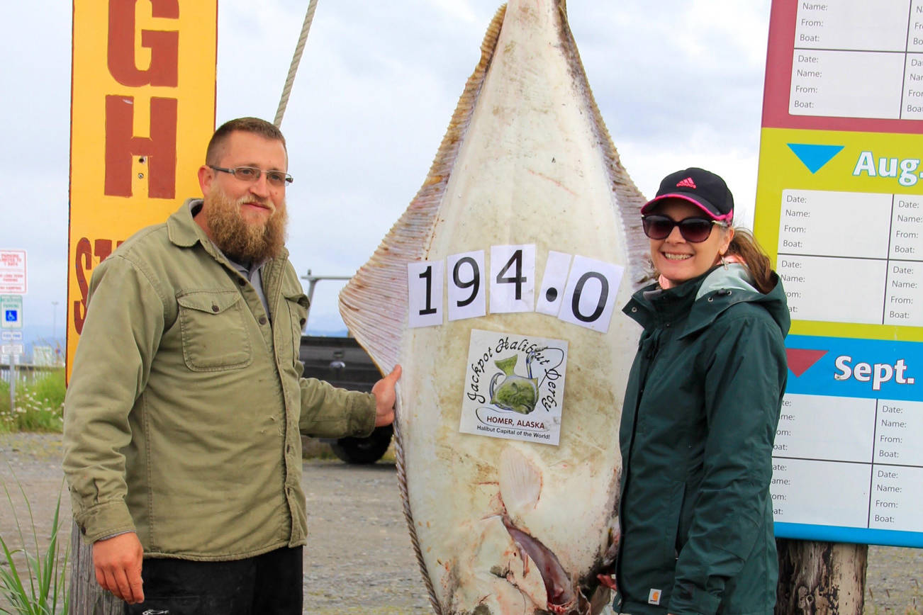 <span class="neFMT neFMT_PhotoCredit">Photo provided</span>                                Bevilyn Wright, right, of Dalhart, Texas, stands next to her 194-pound halibut with Capt. Jared Berg, left.