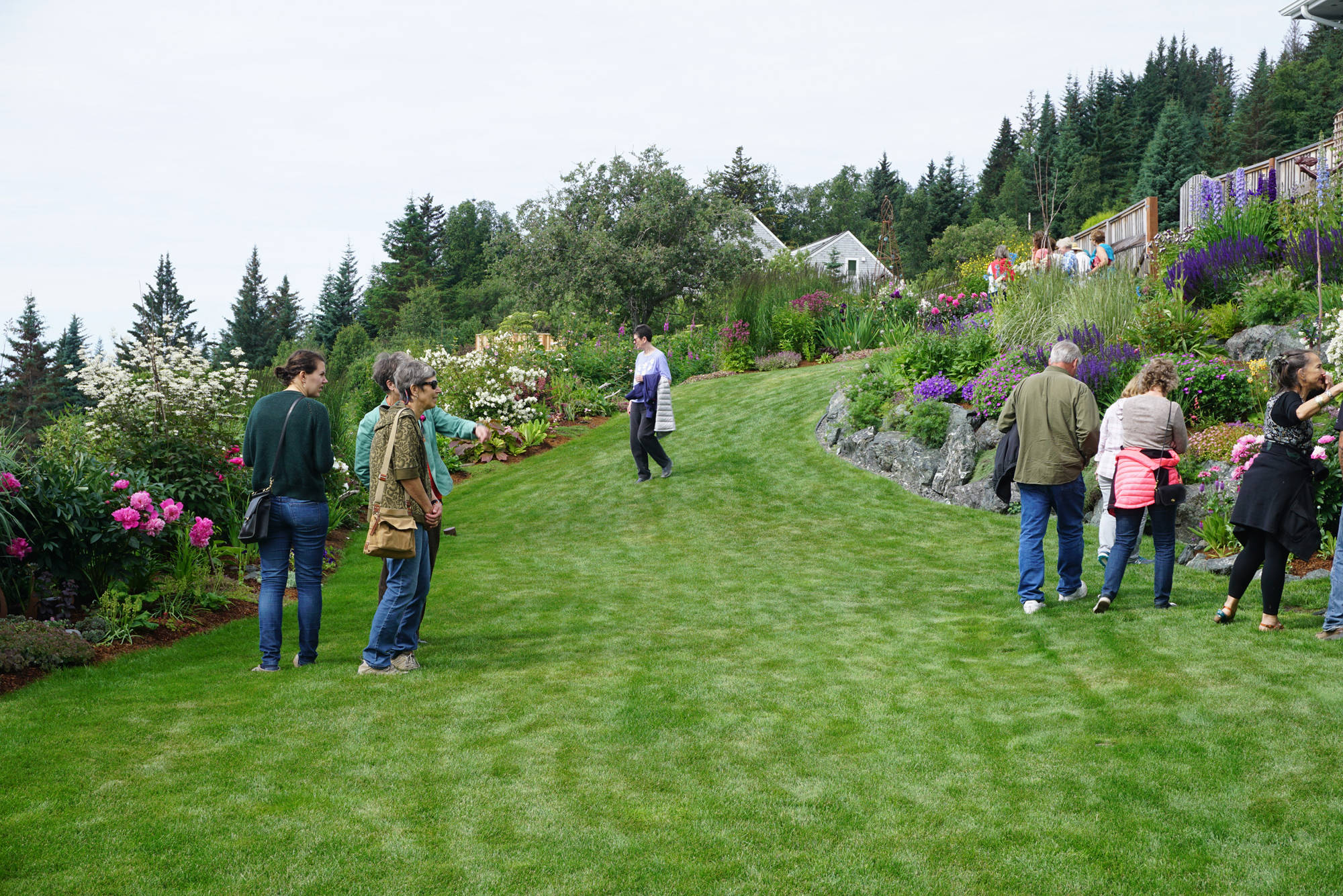 Visitors check out Joan Splinter’s garden on Reber Road off West Hill Road on July 30, 2017 in Homer, Alaska. Her garden was featured in the Homer Garden Club’s 2017 Summer Garden Tours. (Photo by Michael Armstrong/Homer News)