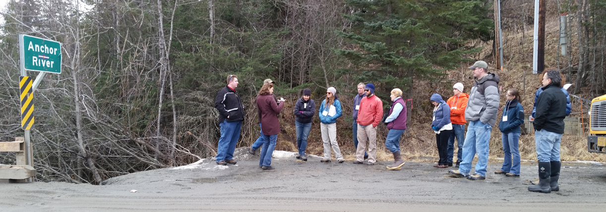 On March 5, about a dozen people from the Kachemak Bay Science Conference attended a field trip to the Anchor River to look at habitat and conservation projects. Sue Mauger, a scientist with Cook Inletkeeper, second from left, was one of the tour leaders.-Photos by Shana Loshbaugh