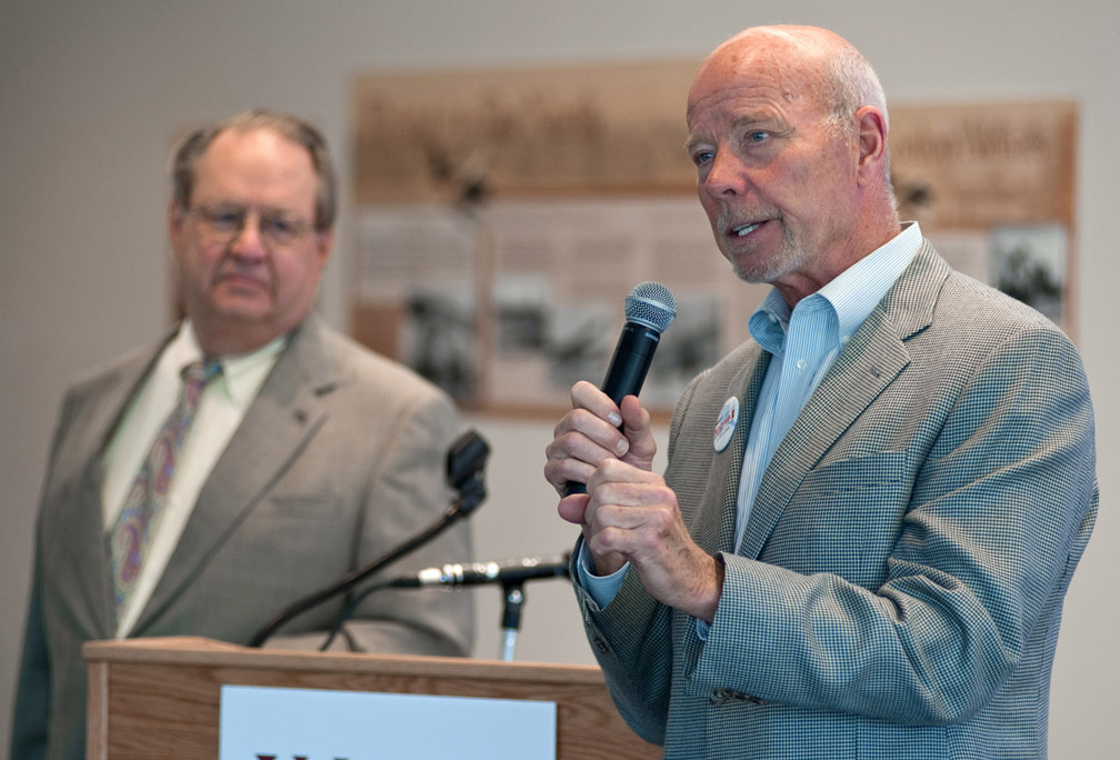 Former Anchorage Mayor Rick Mystrom, right, and Juneau economist Gregg Erickson debate Ballot Measure 1, the referendum to repeal the Oil and Gas Production Tax, during the Juneau Chamber of Commerce luncheon at the Juneau International Airport on July 10.