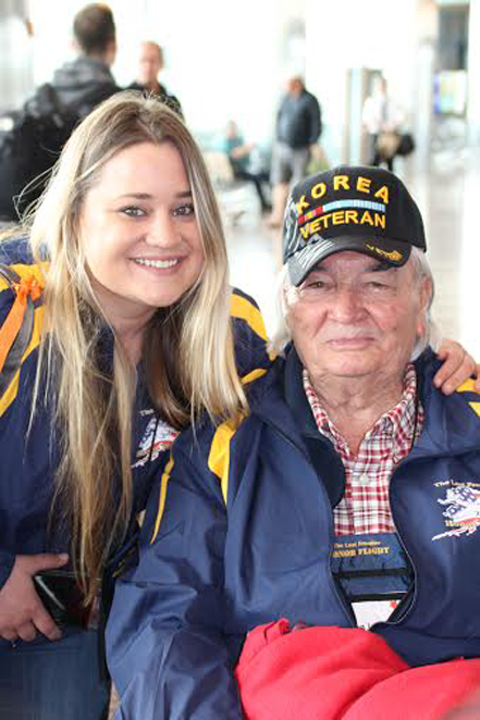 John Richard “Dick” Lewis, right, was accompanied by his granddaughter Kayla Vaught, both of Homer, on a recent Honor Flight Lewis served in the Navy as a pilot during the Korean War. -Photo by Donna Poole