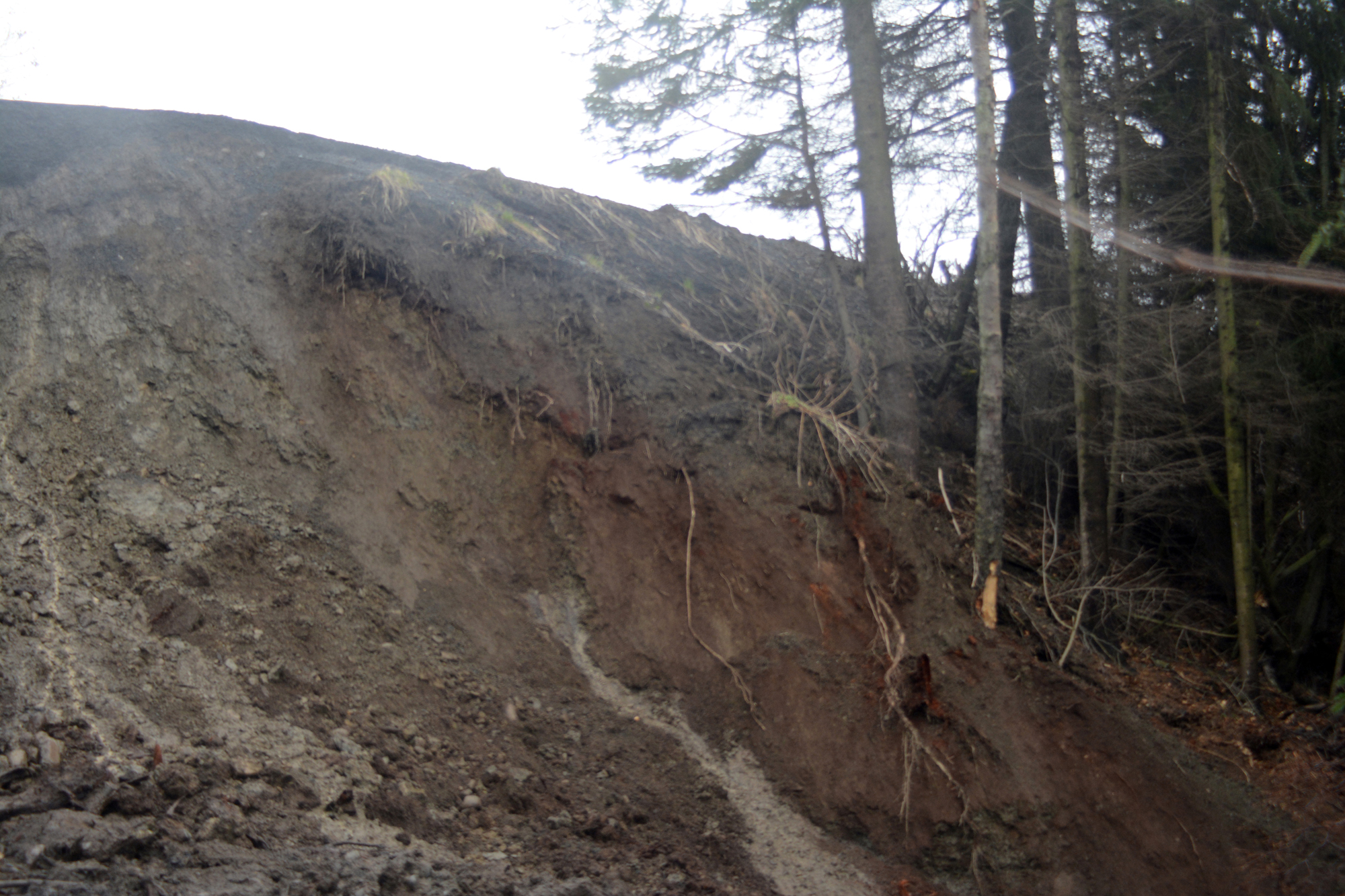 Mud slides down a bluff below where a section of Kachemak Drive washed out on Sunday morning.-Photo by Michael Armstrong, Homer News