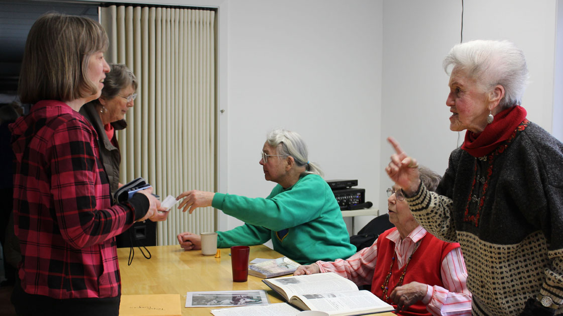 Laura Lofgren Barton, center, Lorene Tepa Hansen Rogers, second from right, and Daisy Lee Bitter, right, share stories about Homer’s early days at “Meet the People,” an April 3 presentation co-sponsored by the Pioneers of Alaska and the Center for Alaskan Coastal Studies.-Photo by McKibben Jackinsky, Homer News