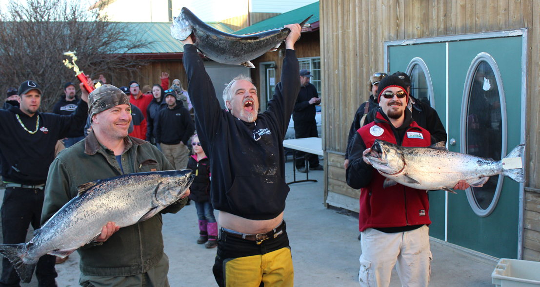 The top three winners in the 2014 Homer Winter King Tournament were, from left, Jon Bartelds of Kenai, third place; Eric Kjelland of Eagle River, second place; and Raymond B. Tepp of Kenai, first place.-Homer News file photo