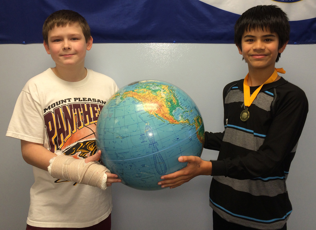 Micah Mershon, right, is West Homer Elementary School’s geography champion; Josiah Raymond, left, is runner up.-Photo provided