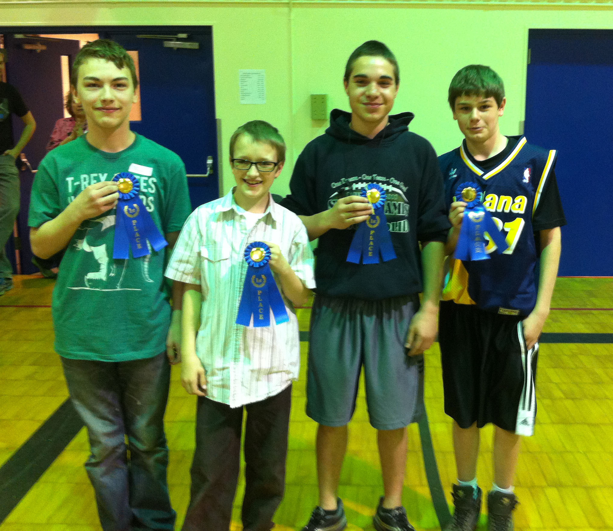 First-place team in the Kenai Peninsula Borough School District’s ninth annual Math Meet competition is, from left, Noah Fisk, West Homer Elementary School; Quinn Lucas, Aurora Borealis Charter School; Ryan Hill, K-Beach Elementary School; and Dakota Harris, Homer Middle School.-Photo Provided