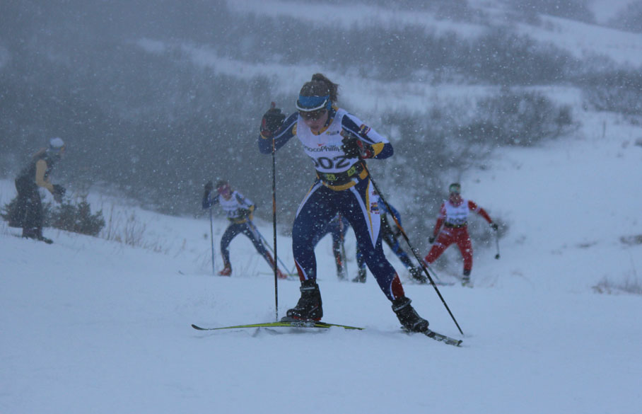 Skiers move to the starting line and tackle an uphill portion of the course during Saturday’s Besh Cup races.-Photo by McKibben Jackinsky, Homer News