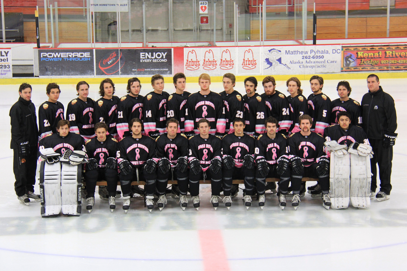 The Brown Bears don pink jerseys for “Pink In the Rink,” an event to help raise cancer awareness.-Photo provided