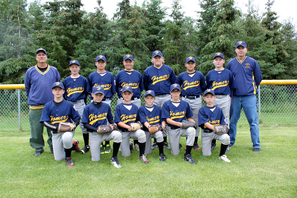 Homer Little League “Majors” team includes, back row from left, Coach Mike Hayes, Mose Hayes, Ethan Anderson, Colby Marion, Finn Heimbold, Damion Kerr, Johnny Rummery and Coach John Rummery; front row from left, Cole Bernier, Ethan Pitzman, Clayton Beachy, Harrison Metz, Garrett Koch and Dylan McBride.-Photo provided