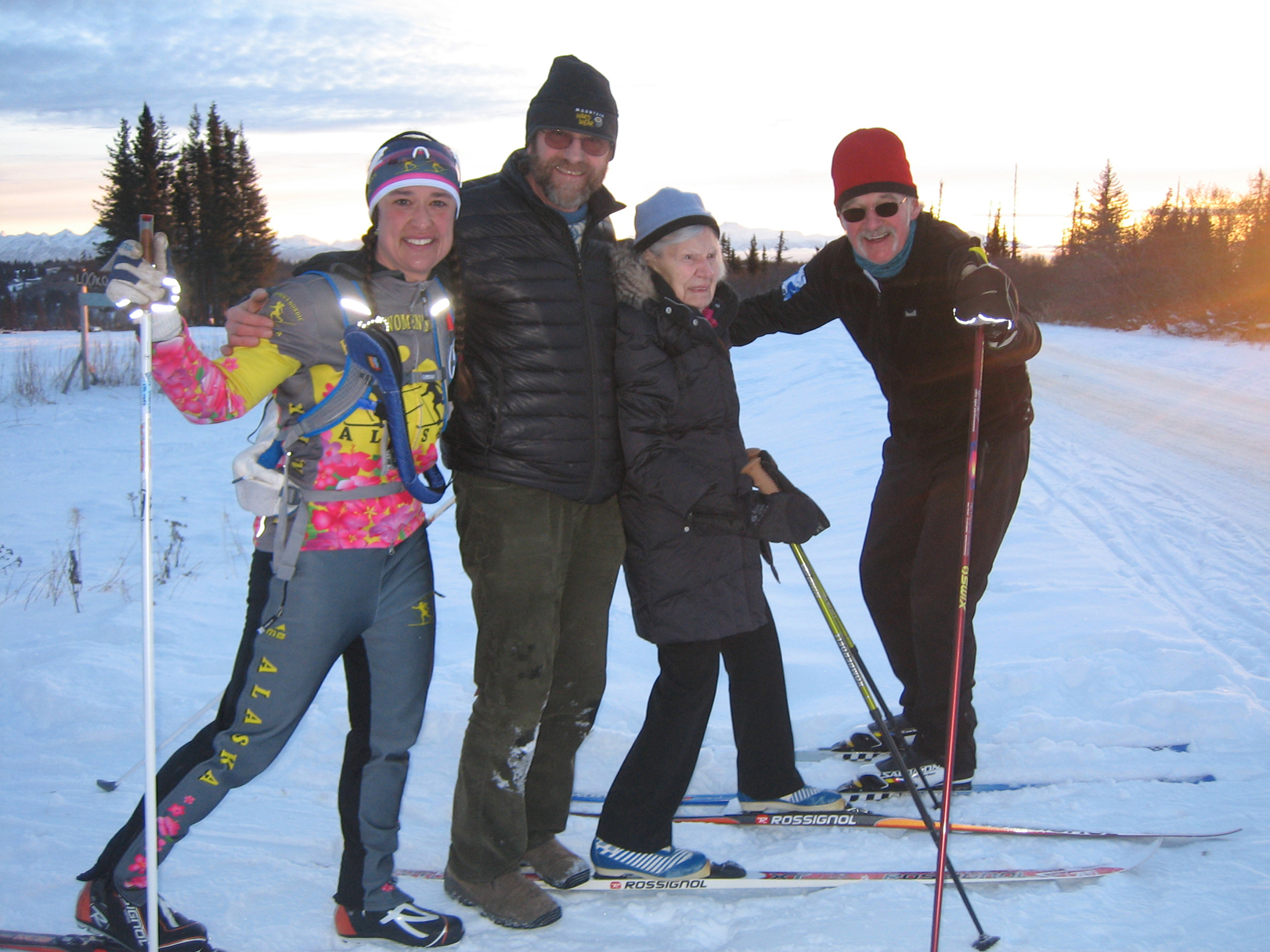 Margit Andersson, 100, second from right, is joined at “Ski Your Age” by Megan Spurkland, left, Ole Andersson and Atz Kilcher.-Photo provided