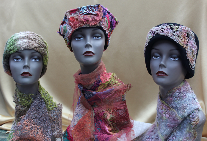 Hats and scarves created by Suzanne di Francia feature a combination of techniques and textures.-Photo by McKibben Jackinsky, Homer News