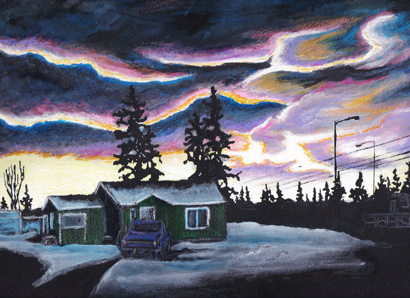 Angela Ramirez’ “Last Stand” is one of a series of sunsets she painted set in the urban environment of Anchorage and Spenard.-Photo by Michael Armstrong, Homer News
