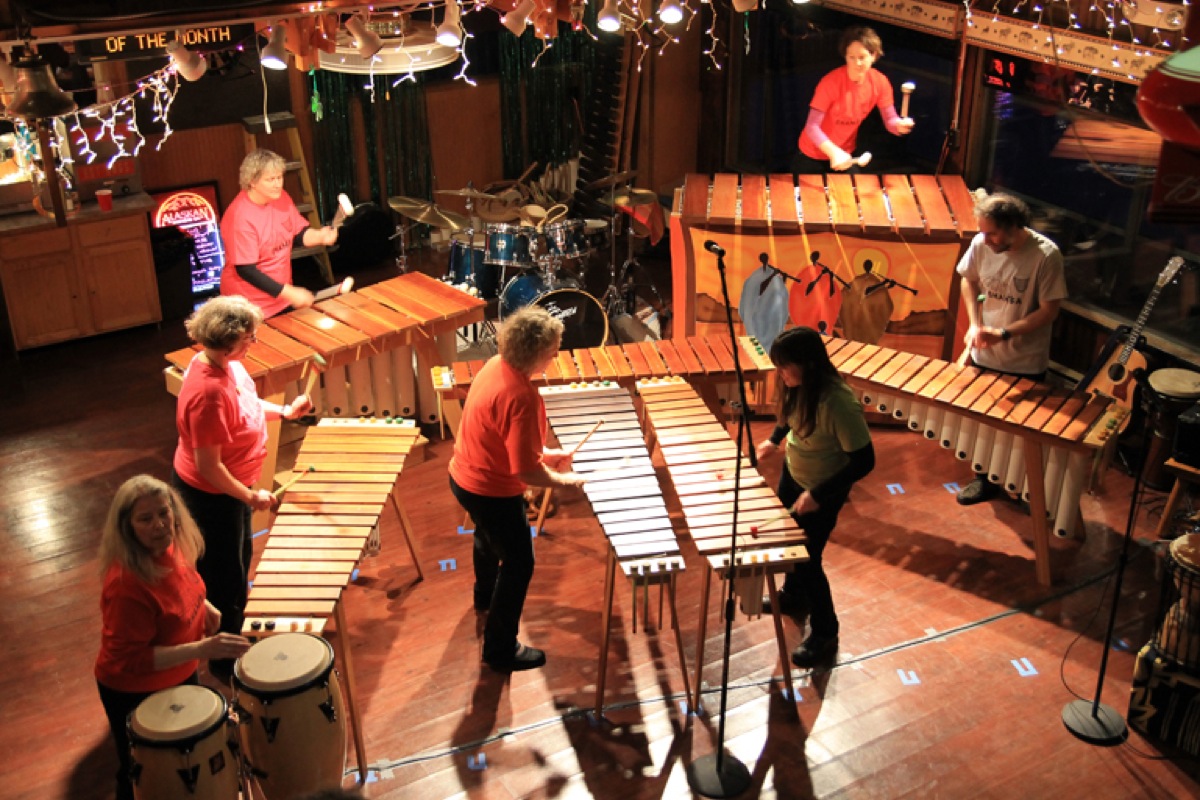 Shamba performs last Saturday for the Homer Council on the Arts Marimba Madness fundraiser. From left to right are Stephanie Leib Migdal, Sue Post, Jenny Stroyeck, Sara Reinert, Jackie Forster, Amanda Miller and Jim Levine.