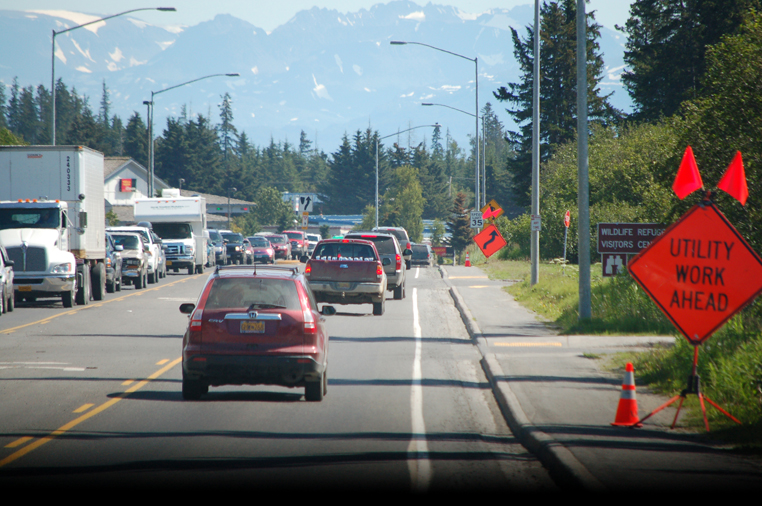 Homer experienced a big city traffic jam last Thursday when the Sterling Highway repaving project and gas line utility work caused traffic to back up from Lake Street west.-Photo by Michael Armstrong, Homer News